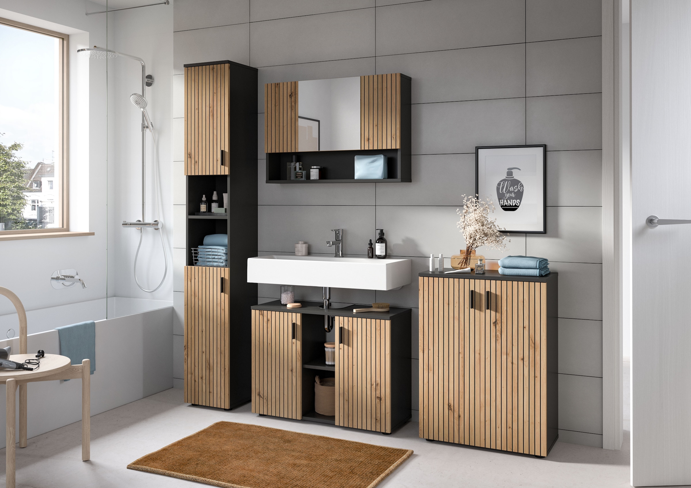 welltime Armoire haute »MANI, Höhe: 192 cm, Paneeloptik, 2 offene Fächer, 2 Türen« 1 cuis tlg. Armoire haute, armoire de salle de bain, salle de bain