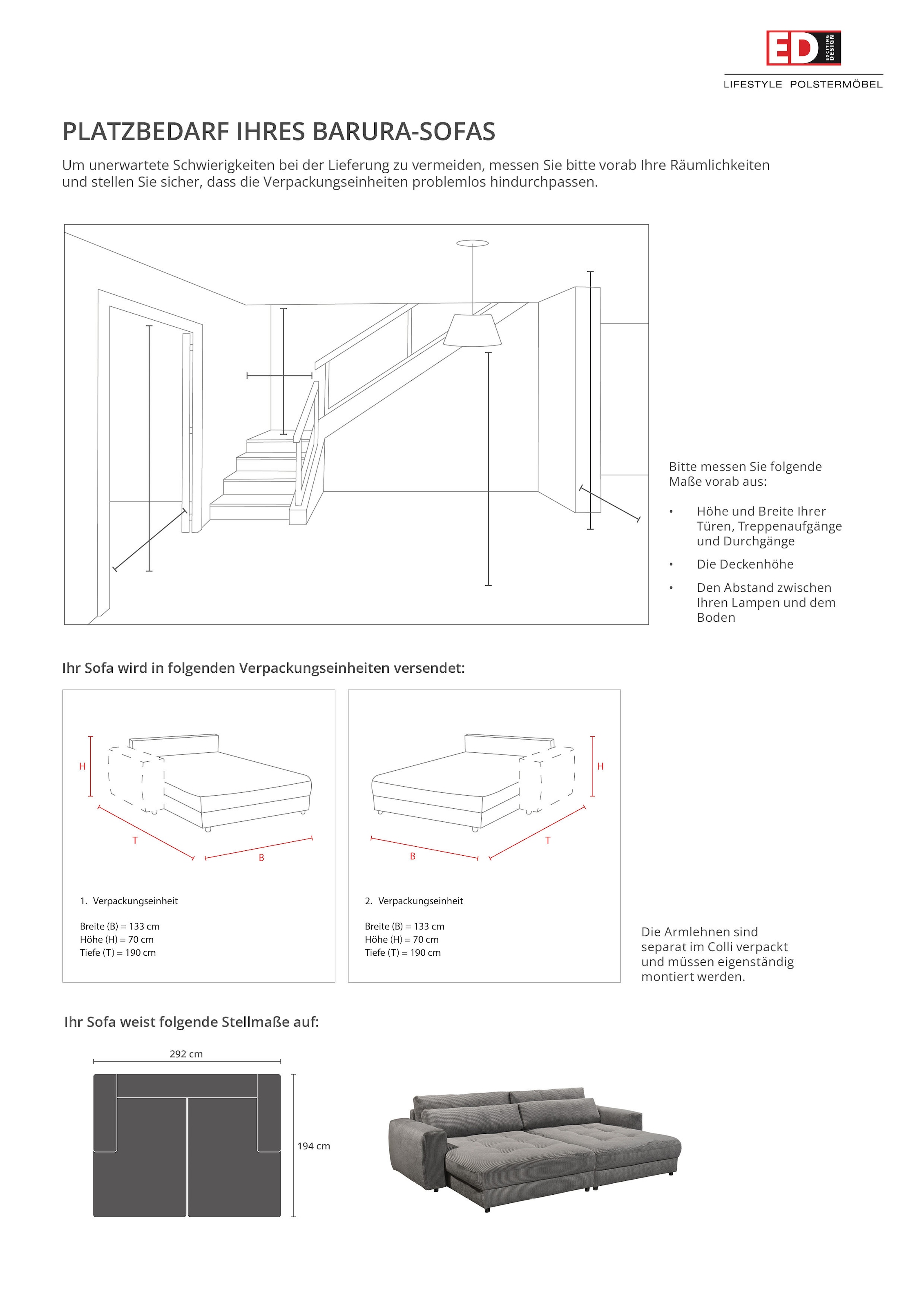 ED EXCITING DESIGN Canapé Big »Loveseat, 2-Sitzer, Barura, Breite 292« Big-Sofa mit 2 Nierenkissen