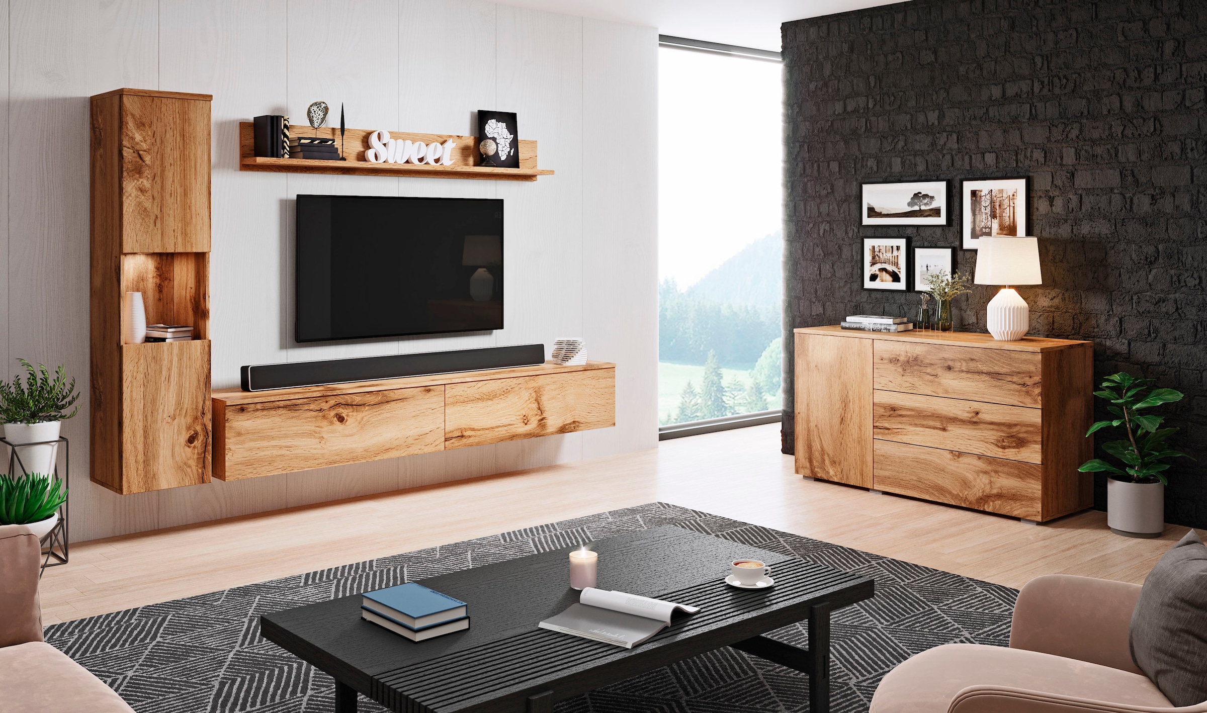 GOODproduct Wohnwand »PARIS, Vitrine Türanschlag links/rechts wechselbar« Komplett-Set, 3 Stk. tlg.