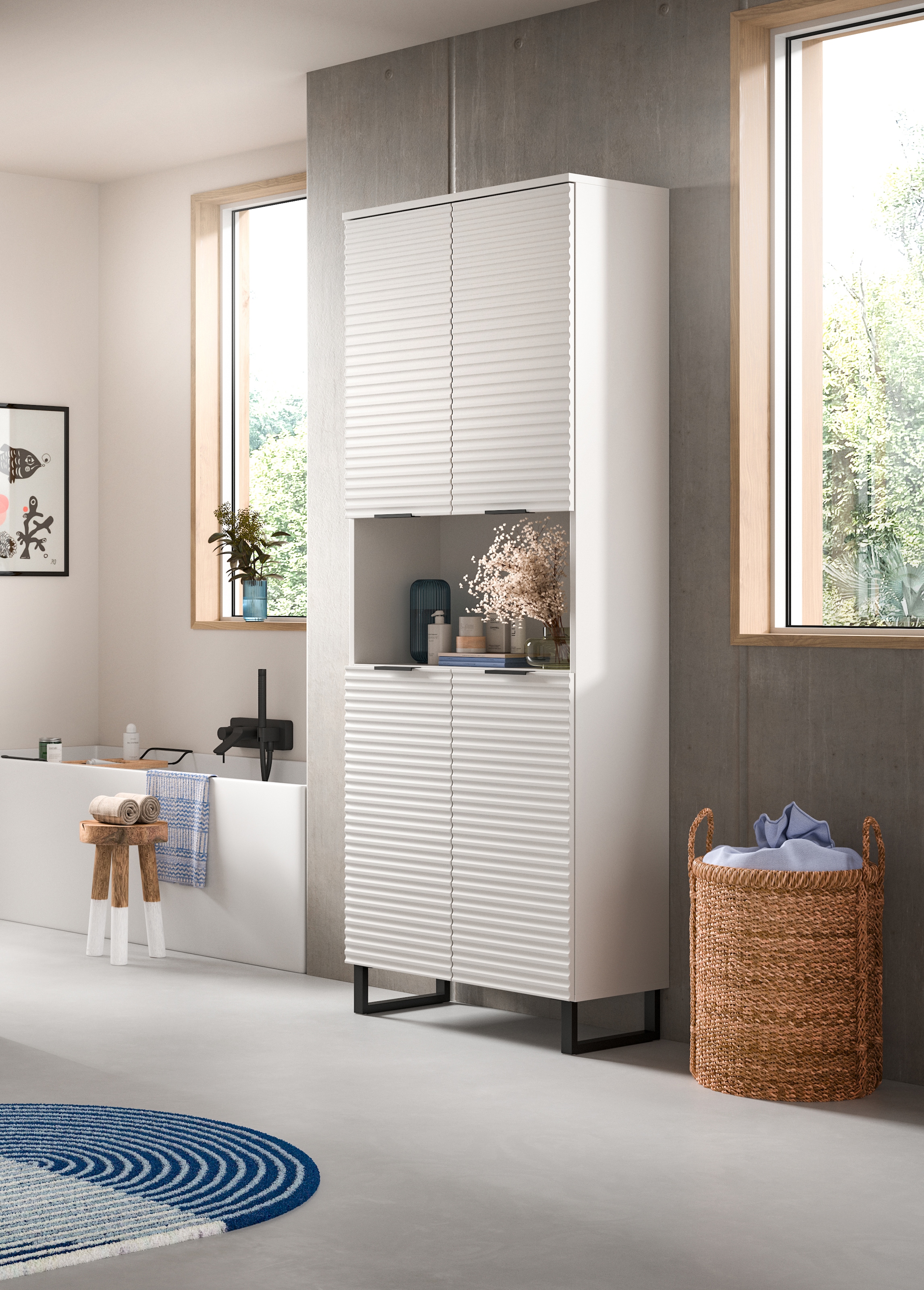 welltime Armoire haute »Litica, Höhe 193 cm, 4 Türen, 2 Einlegeböden, 1 offenes Fach« Badschrank, Standschrank, Badezimmer, Bad-Möbel