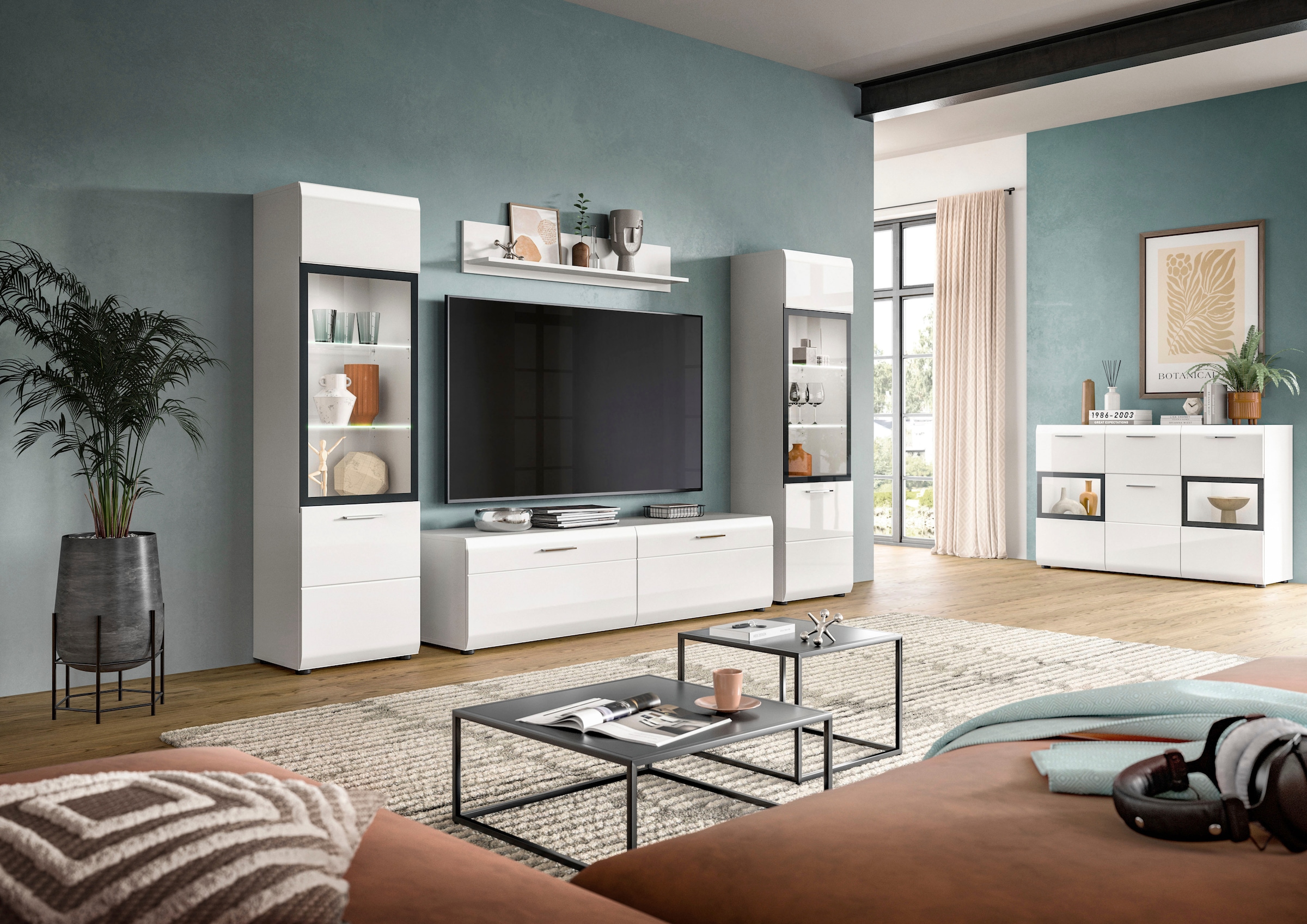 Home affaire Vitrine »FLORENZ, Höhe: 160 cm, hochwertige MDF-Front, Glastür, Glasböden« 1 Stk. tlg. Vitrine, Vitrine weiss, Vitrinenschrank, Wohnzimmervitrine, Wohnzimmer