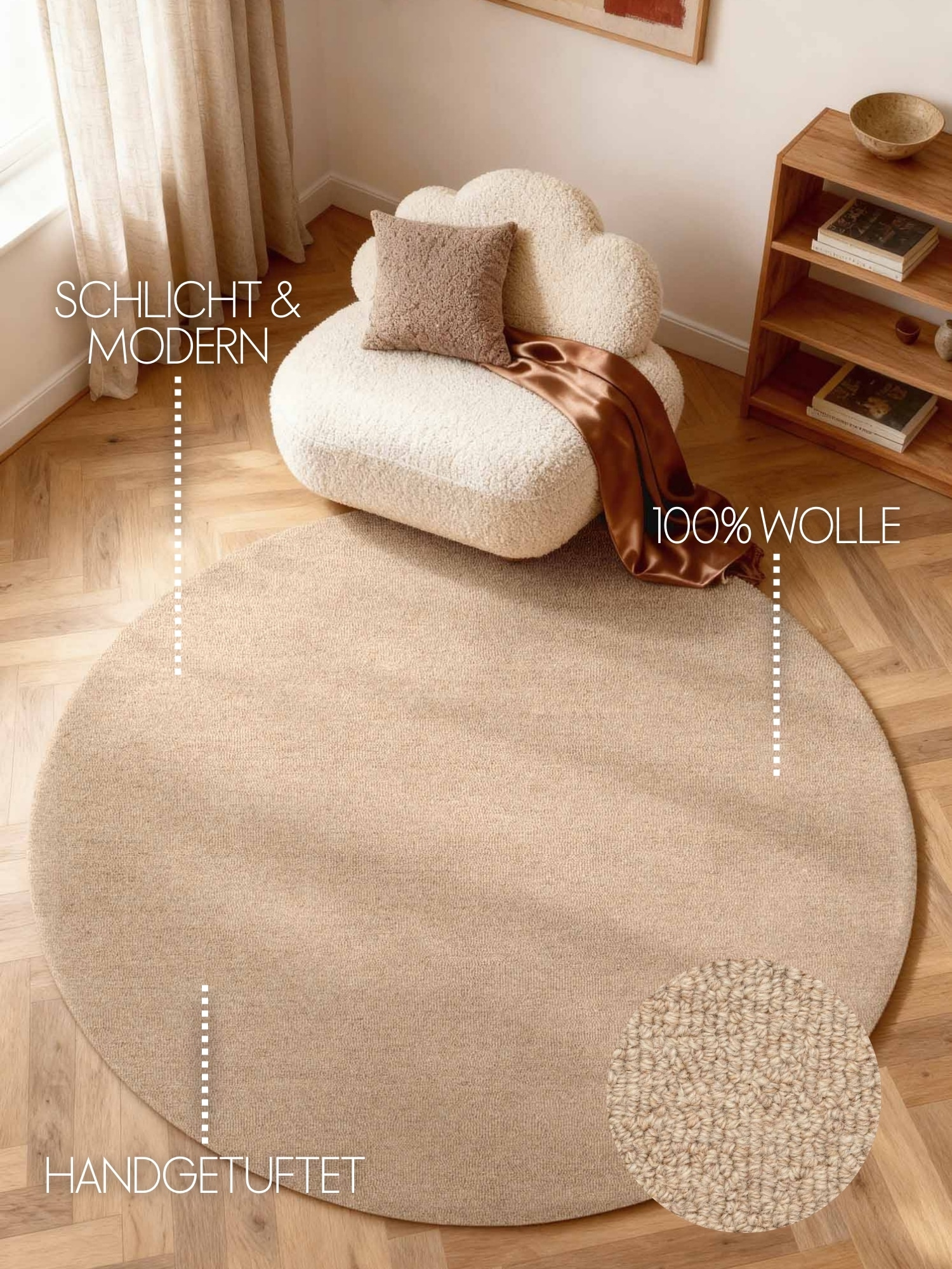 ELLE DECORATION Wollteppich »Knots« rund 13 mm Höhe Handtuft, Wolle, Rund, Feines Bouclé, Wohnzimmer, Schlafzimmer, Natur