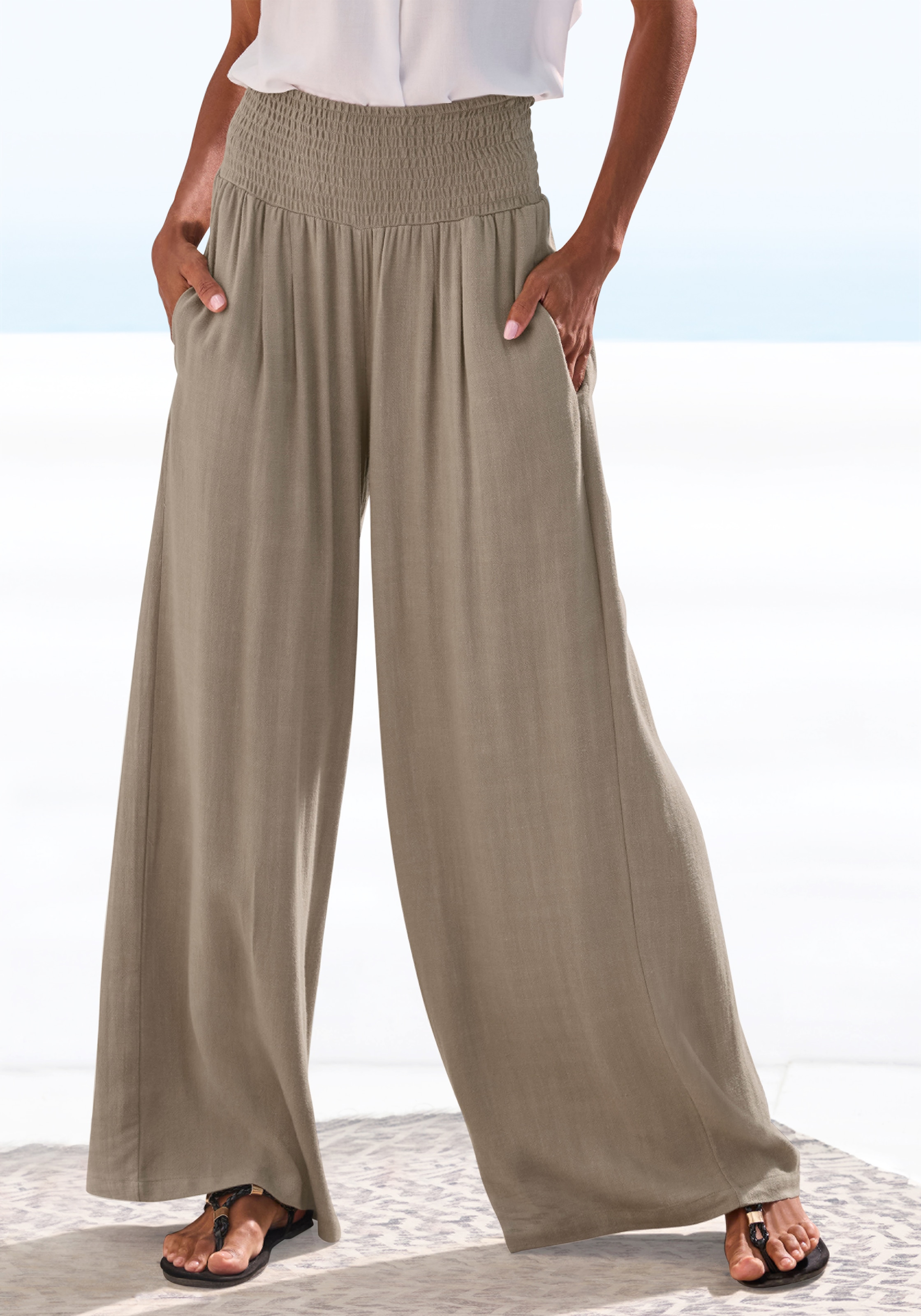 French Connection Leinenhose »mit hohem Smokbund«  weite Palazzohose für den Sommer, lockere Schlupfhose, Strandhose