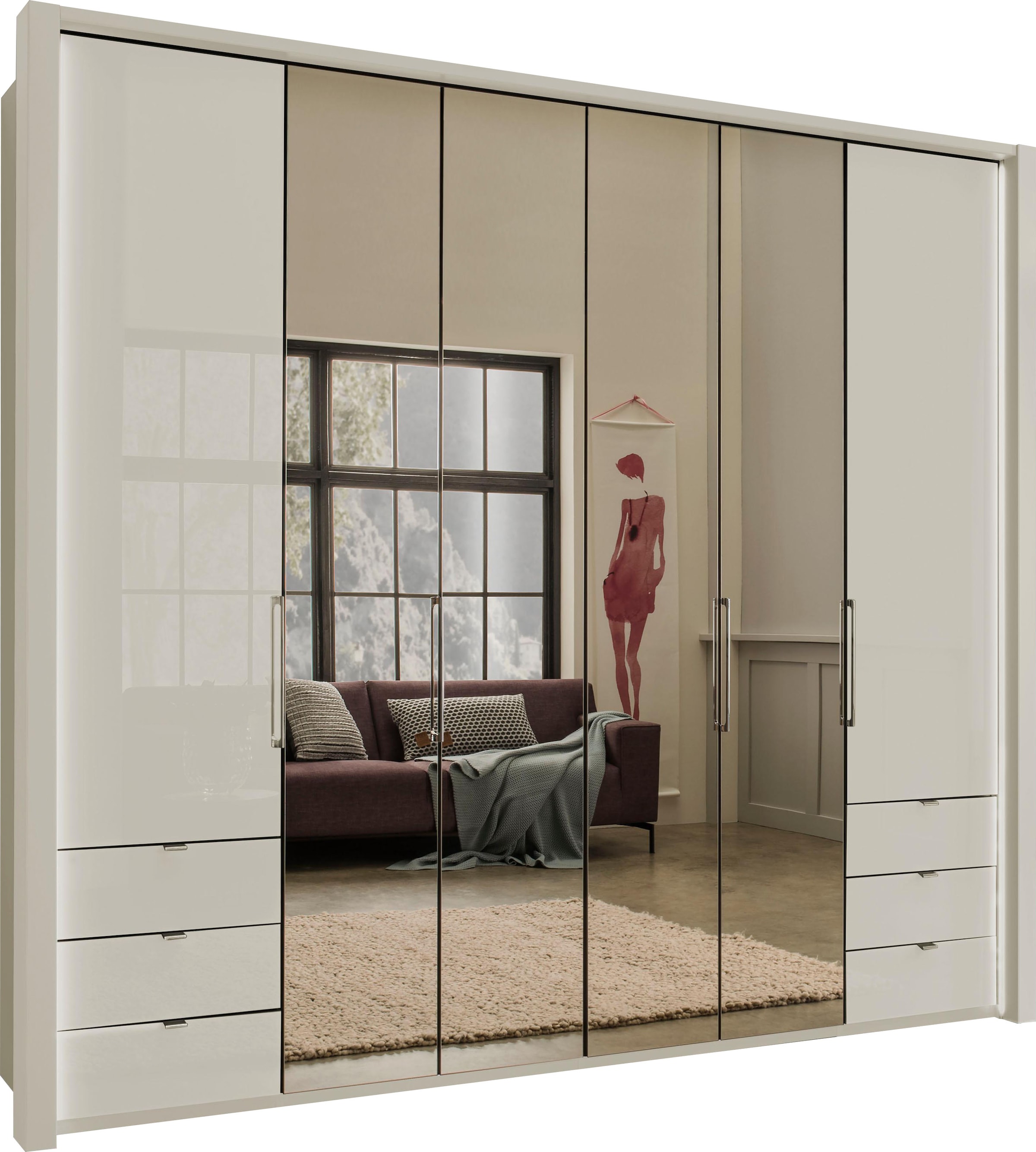 WIEMANN Armoire à portes pliantes »Kansas, Kleiderschrank, Schrank, Wäscheschrank, mit Glas und Spiegel« 2 Breiten, MADE IN GERMANY,  inkl. gepämpften Schubkästen und Türen, mit Panoramaöffnung