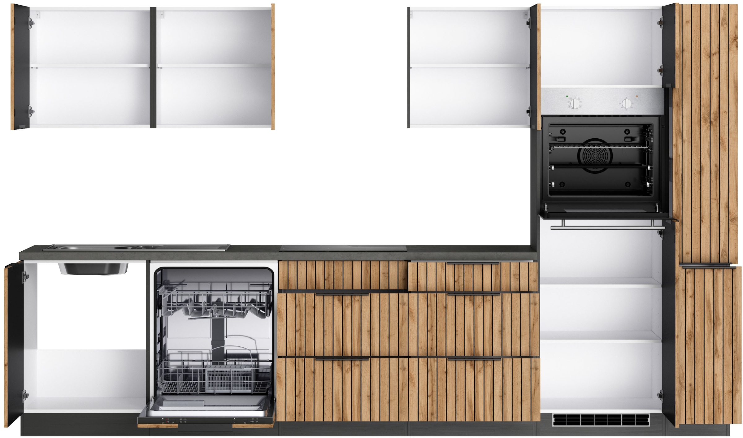 KOCHSTATION Küchenzeile »KS-Lagos, wahlweise mit E-Geräten, Spüle edelstahl oder schwarz« Breite 330cm, GK-oder Induktionskochfeld,mit oder ohne Kühlschrank