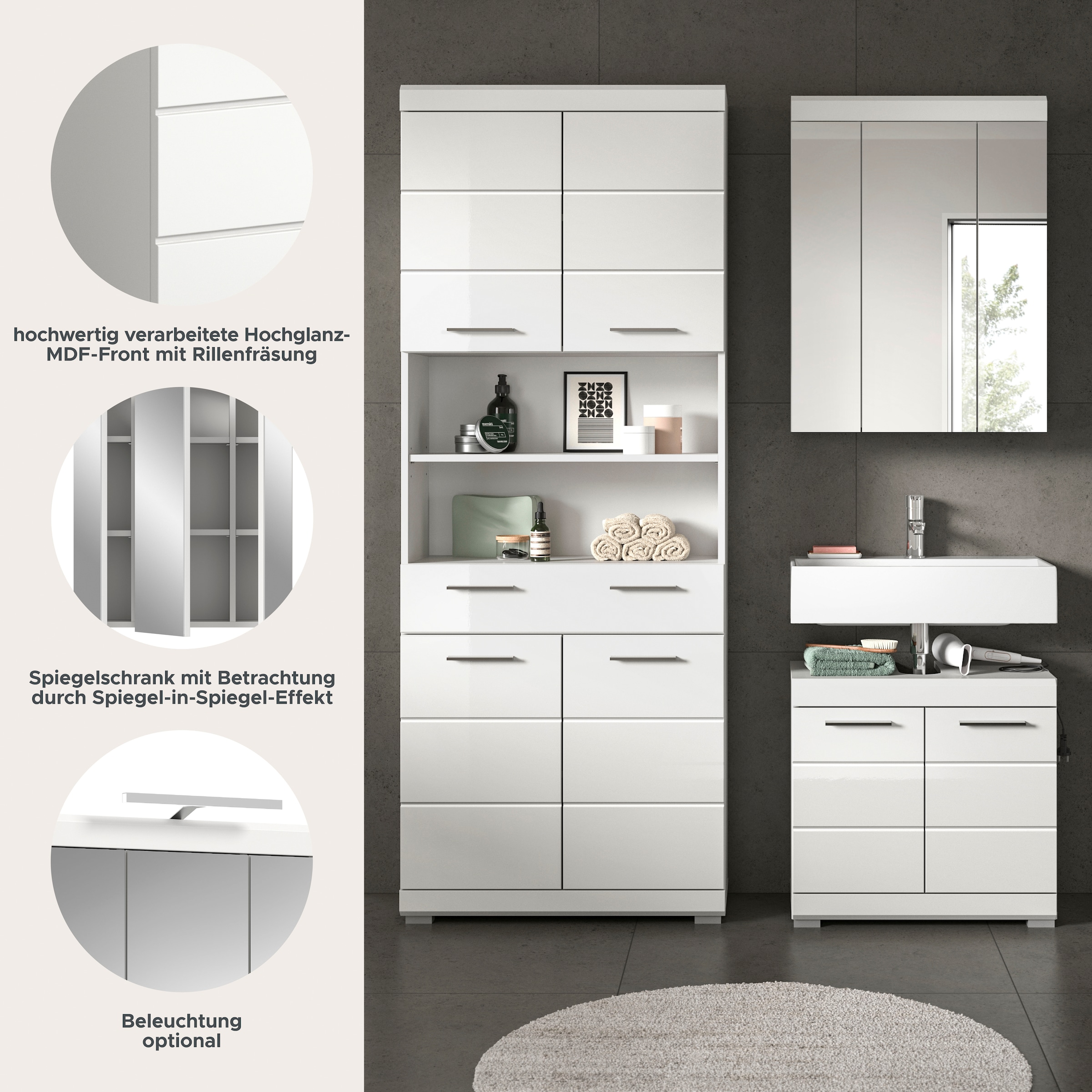welltime Ensemble de meubles de salle de bain »SIENA, TOPSELLER!, Breite 149cm, 3-teiliges Set« Ensemble, composé de : armoire haute, meuble sous lavabo et armoire miroir, 3 cuis tlg.