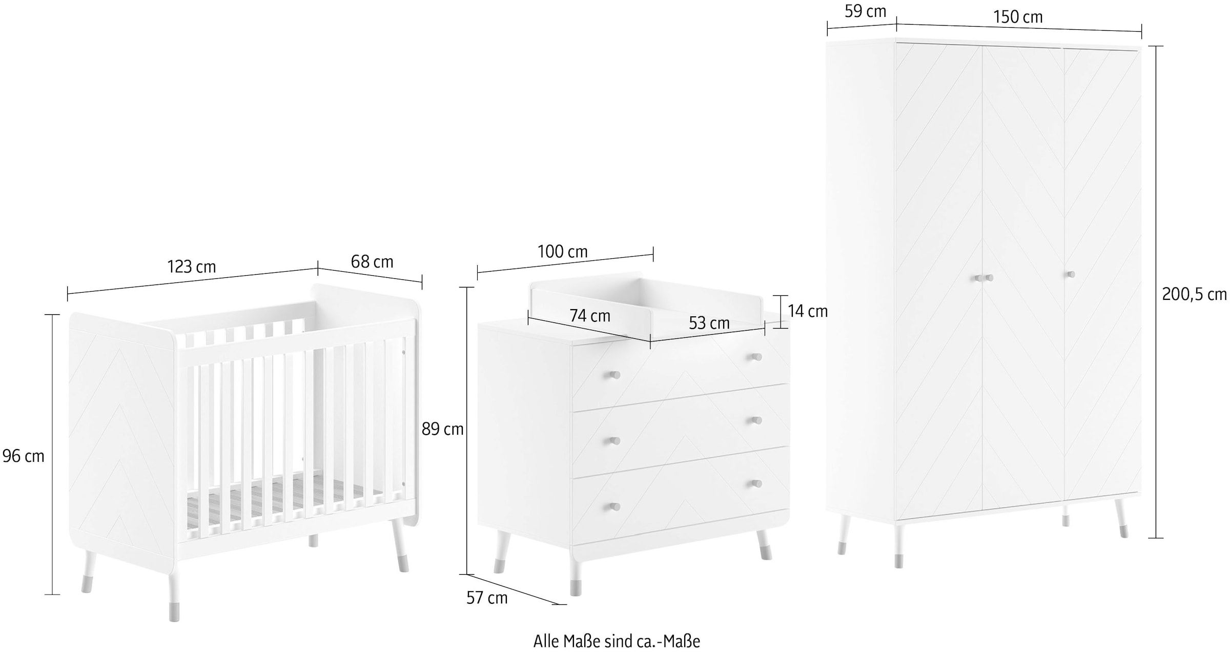 Vipack Ensemble de meubles pour bébé Fabriqué en Europe,  4 pièces, offre tout pour la chambre d'enfant, finition satinée blanc laqué