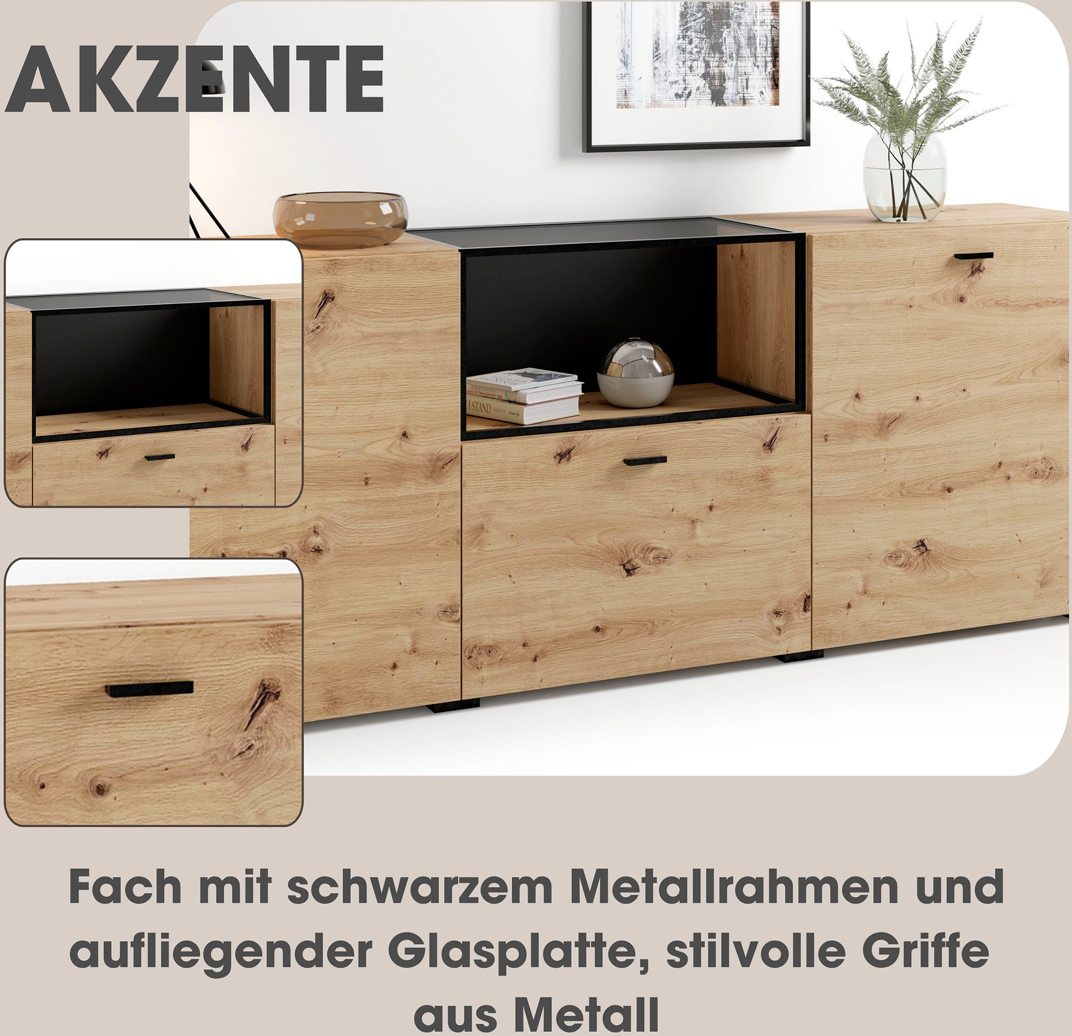 byLIVING Sideboard »Frame« 1 cuis tlg. moderne Kommode mit Metalleinsatz und Glasplatte, 200cm breit.
