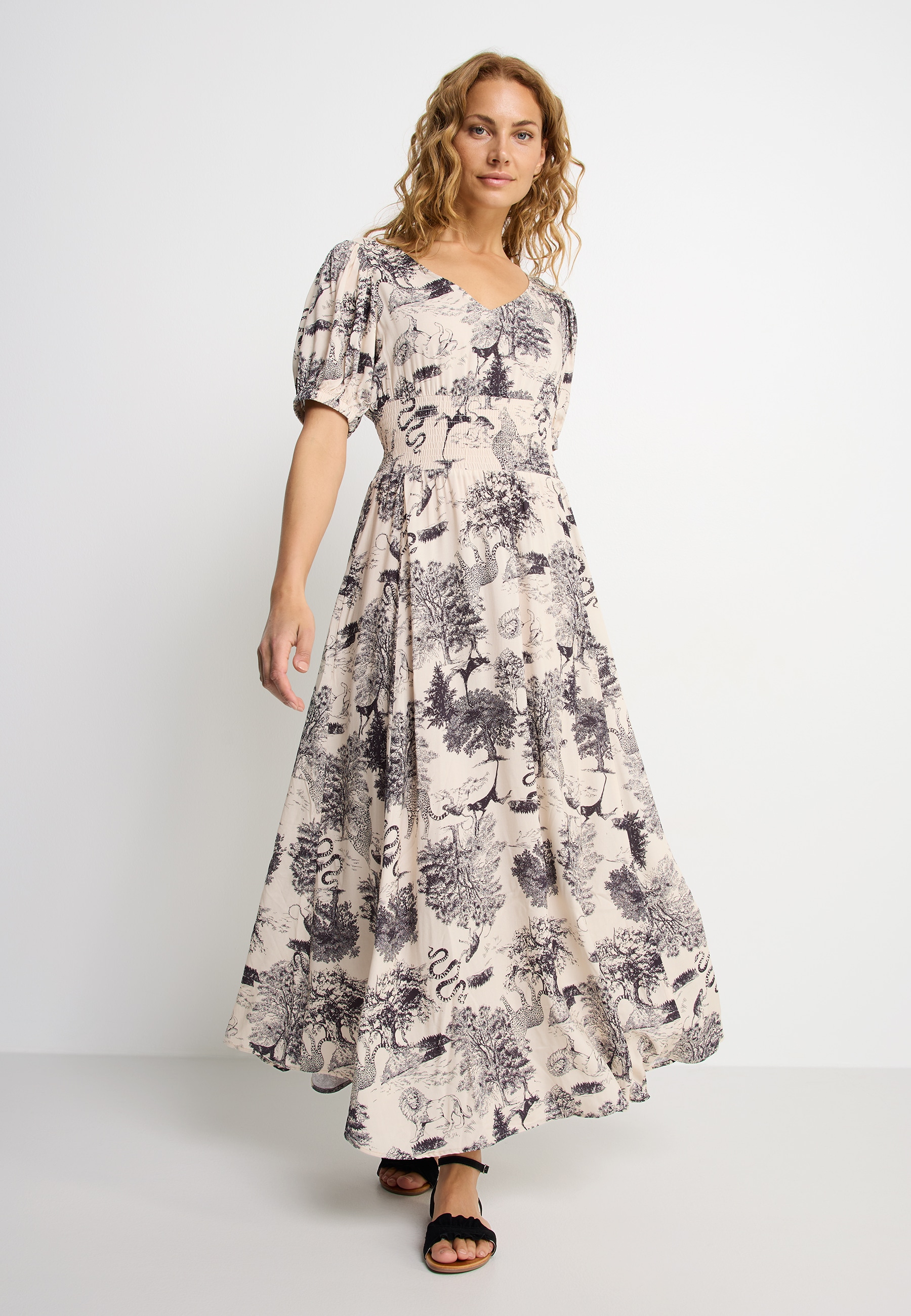 LASCANA Maxi robe avec imprimé intégral et encolure en V, robe d'été, robe de plage