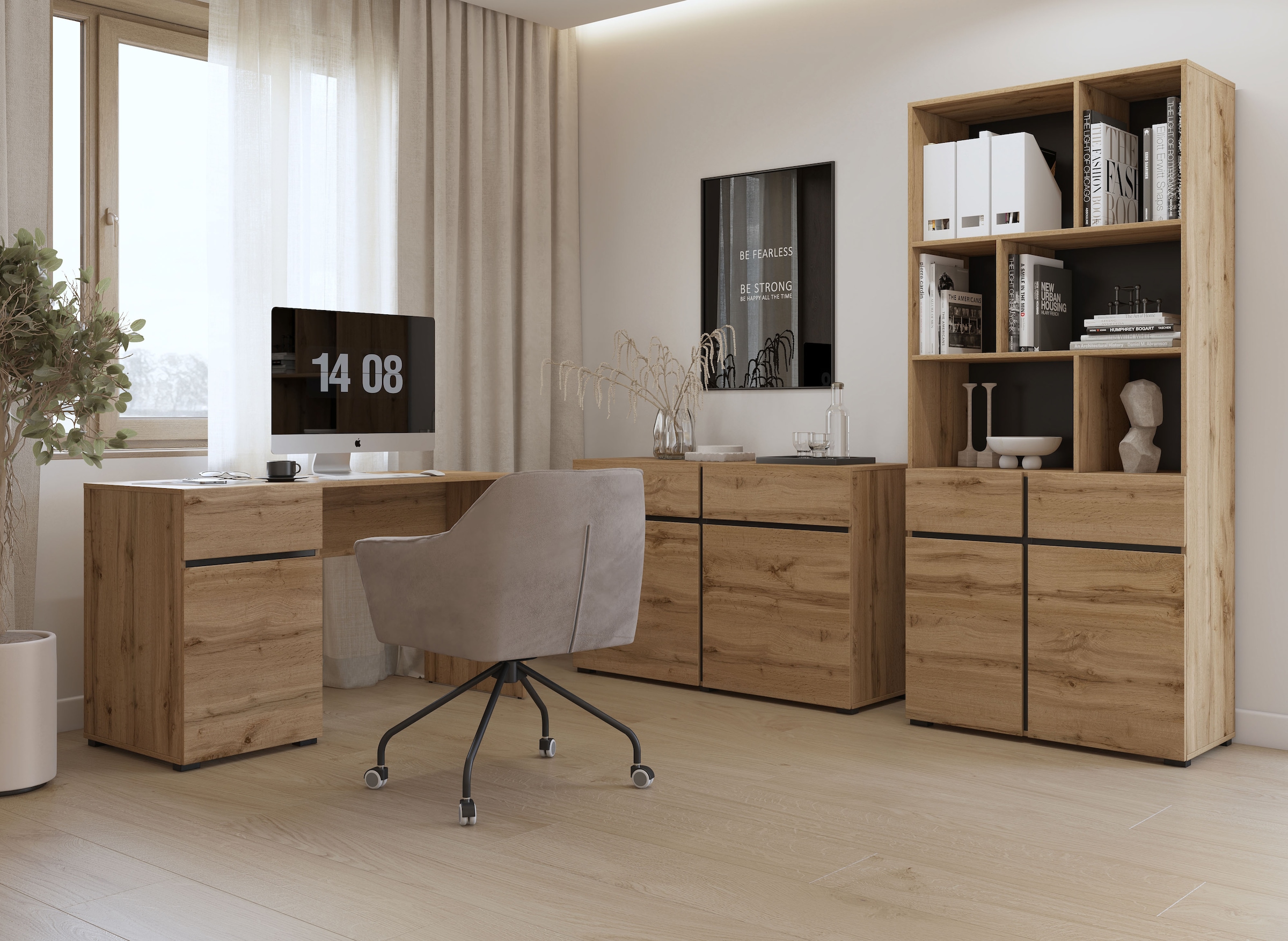 GOODproduct Armoire de classement »Cross, Breite 85 cm, modernem grifflose Standregal, Bücherregal« Étagère avec 6 compartiments ouverts, 2 tiroirs et 2 portes, étagère de bureau