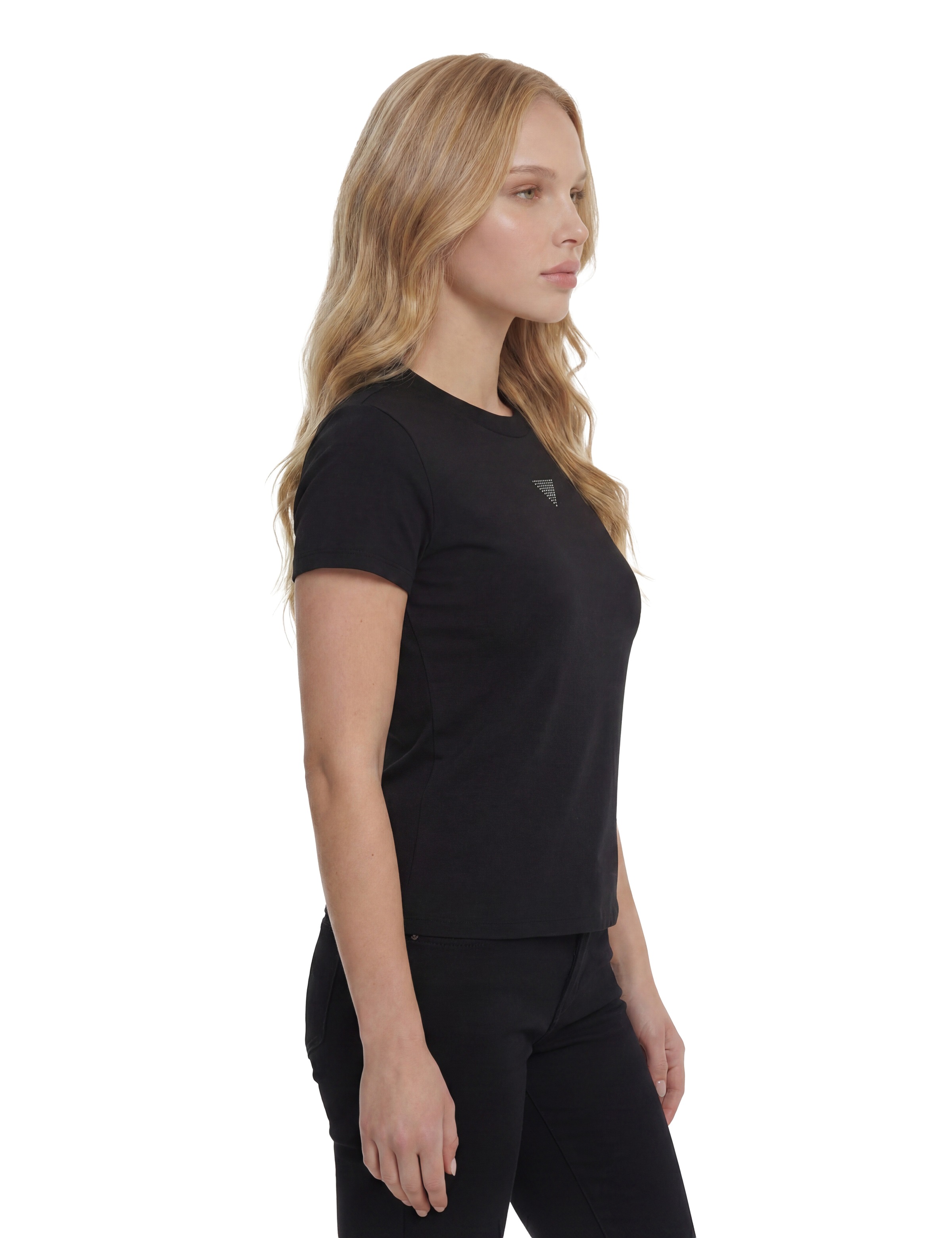 Guess Stehkragenshirt »SS LICIA MOCK NK TOP« mit Strass-Logo, Viskosemix