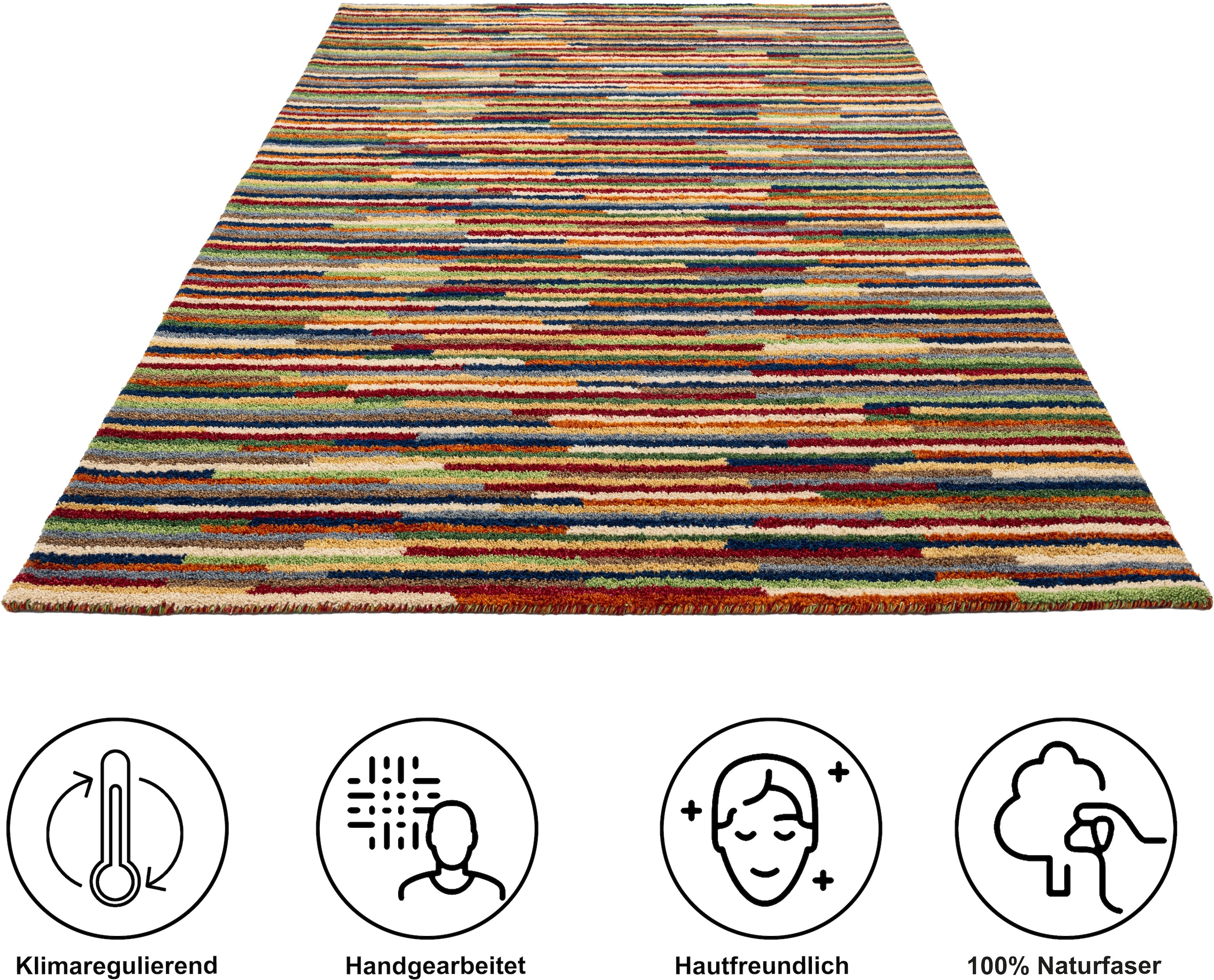 THEKO Tapis en laine »Gabbeh Multi, Handgefertigt, Teppich, meliert, reine Wolle,« Rectangulaire 15 mm Höhe Wohnzimmer, Schlafzimmer, Esszimmer