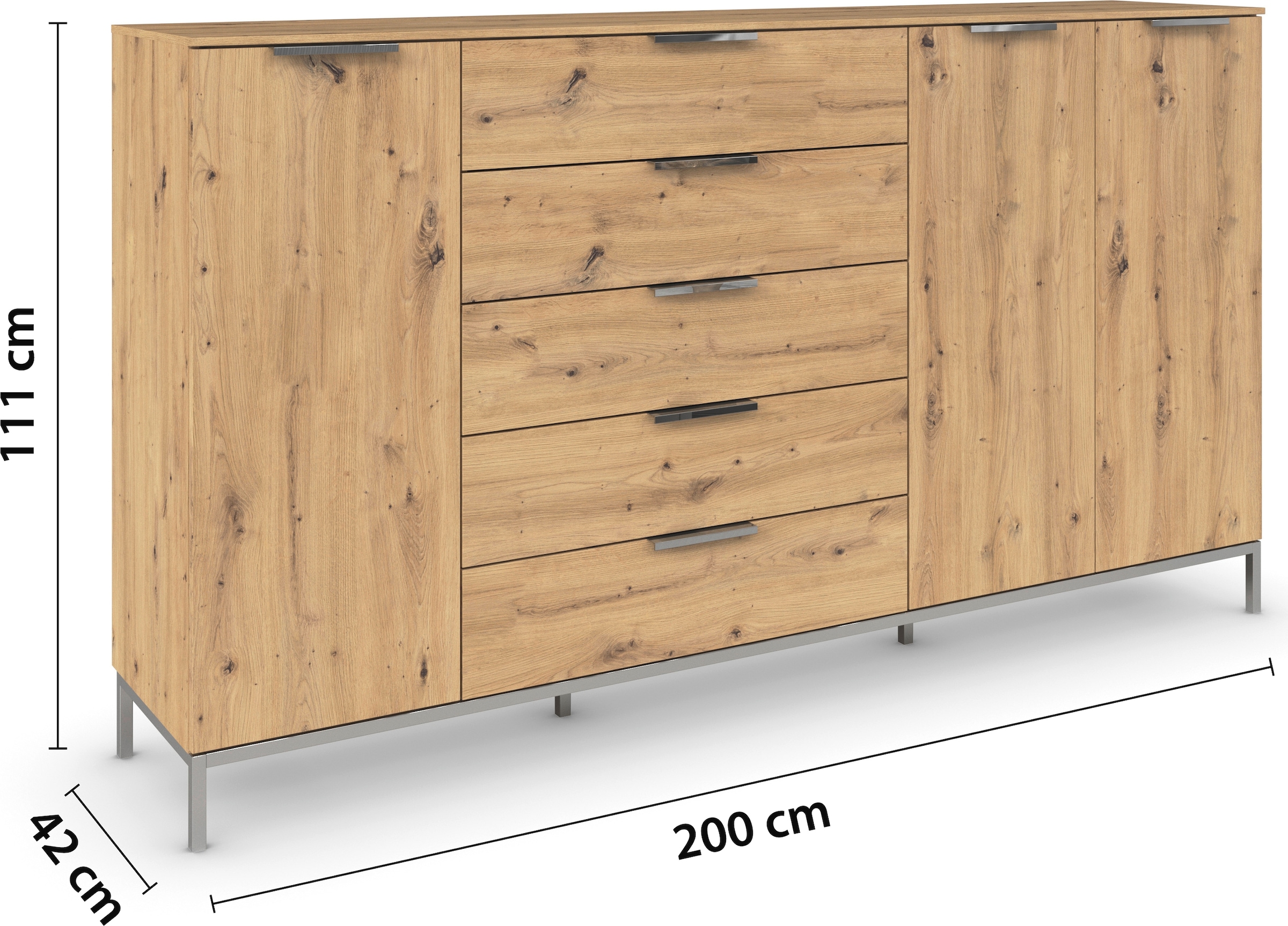 rauch Commode combinée »Kommode Türkommode Sideboard Kombikommode FLIPP« Largeur 200 cm avec 4 étagères,  3 portes avec 5 tiroirs et fonction soft-close