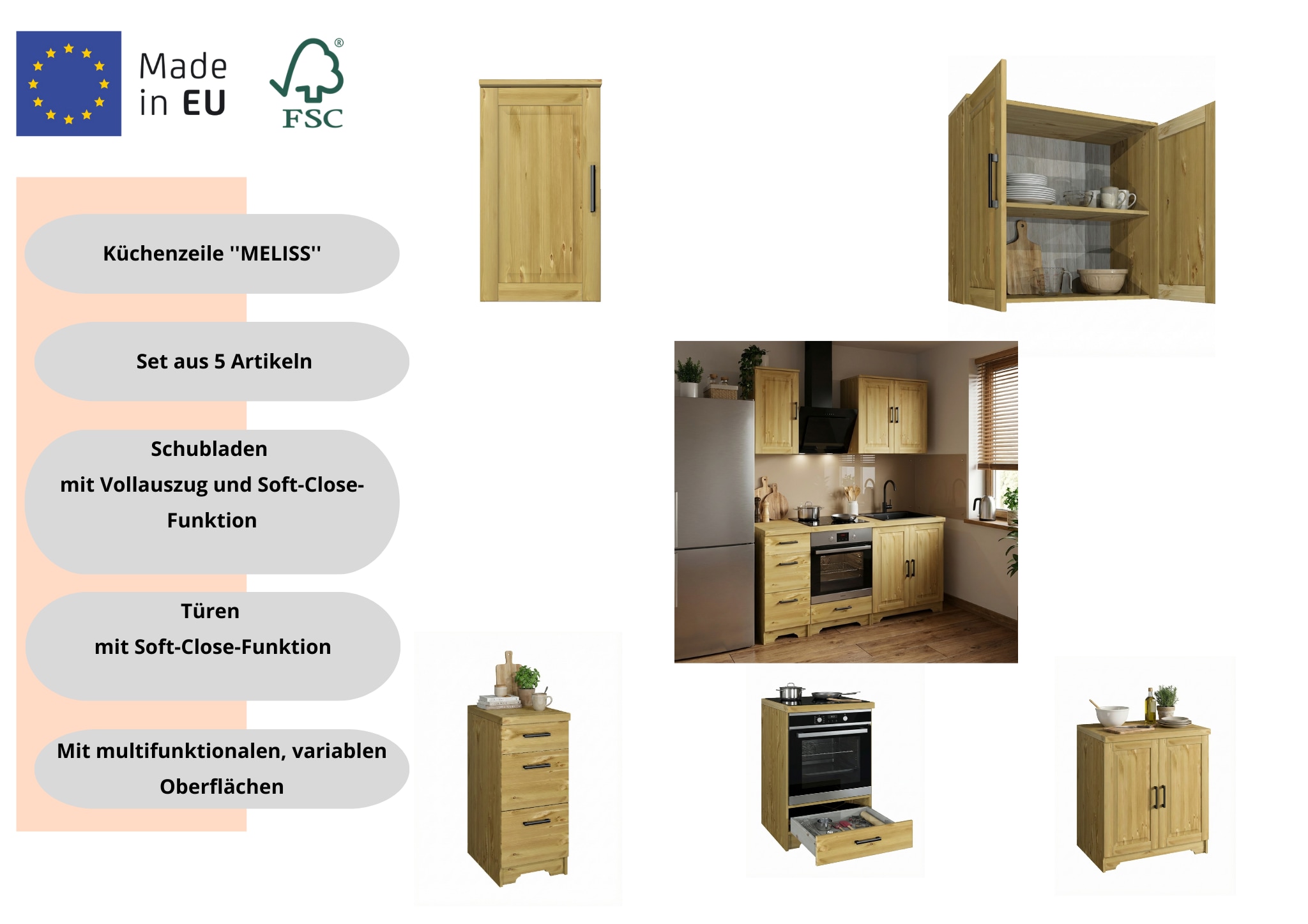 Home affaire Kitchenette »Meliss« aus massiver Kiefer, mit Soft-Close-Funktion, 5-teiliges Set