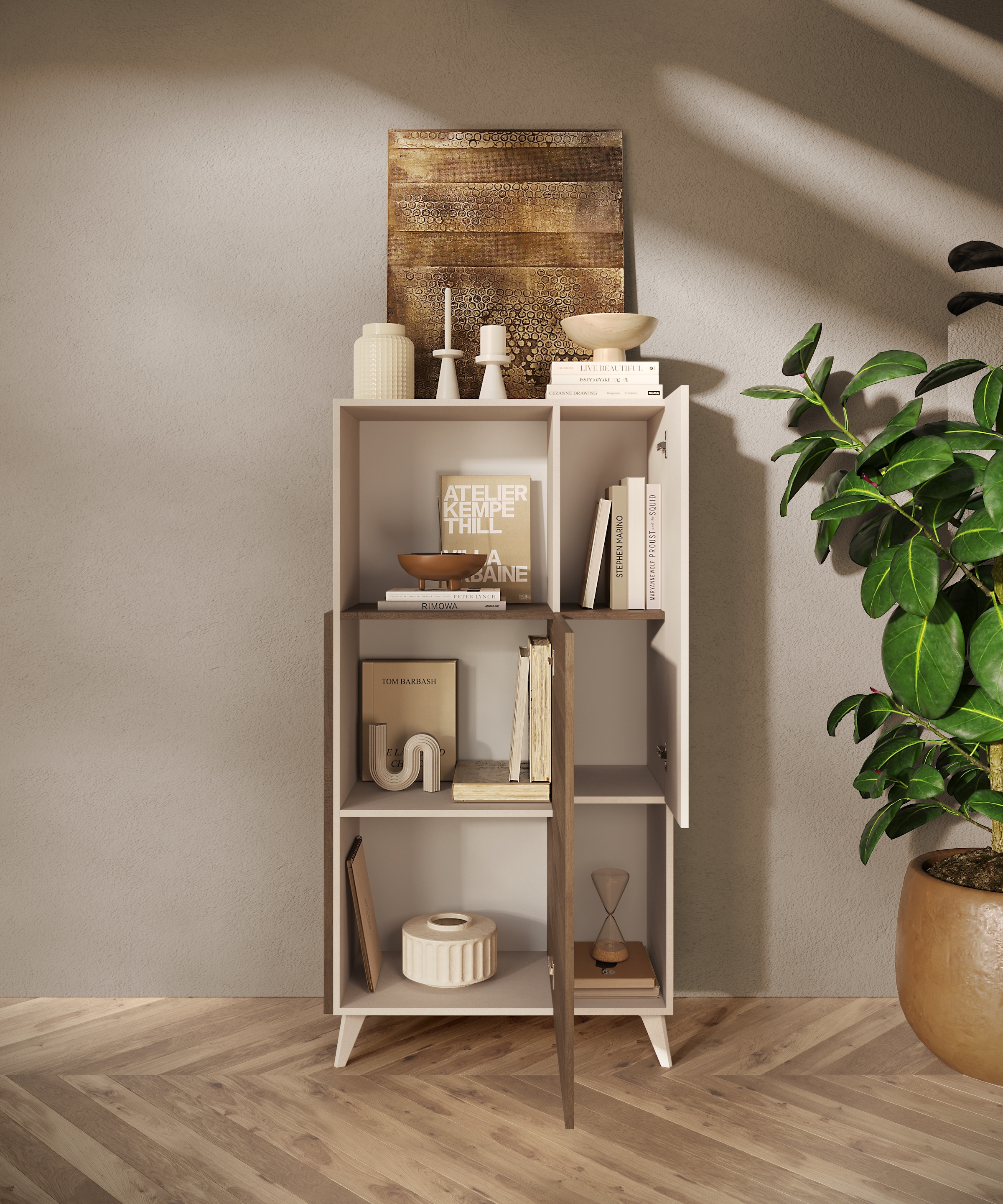 INOSIGN Buffet haut »Monaco Höhe 154 cm, Stauraumschrank mit 2 Türen (4 Fächer) und 2 offen« Hohe, schmale Kommode – sanftes Schliessen, edles Design, viel Platz