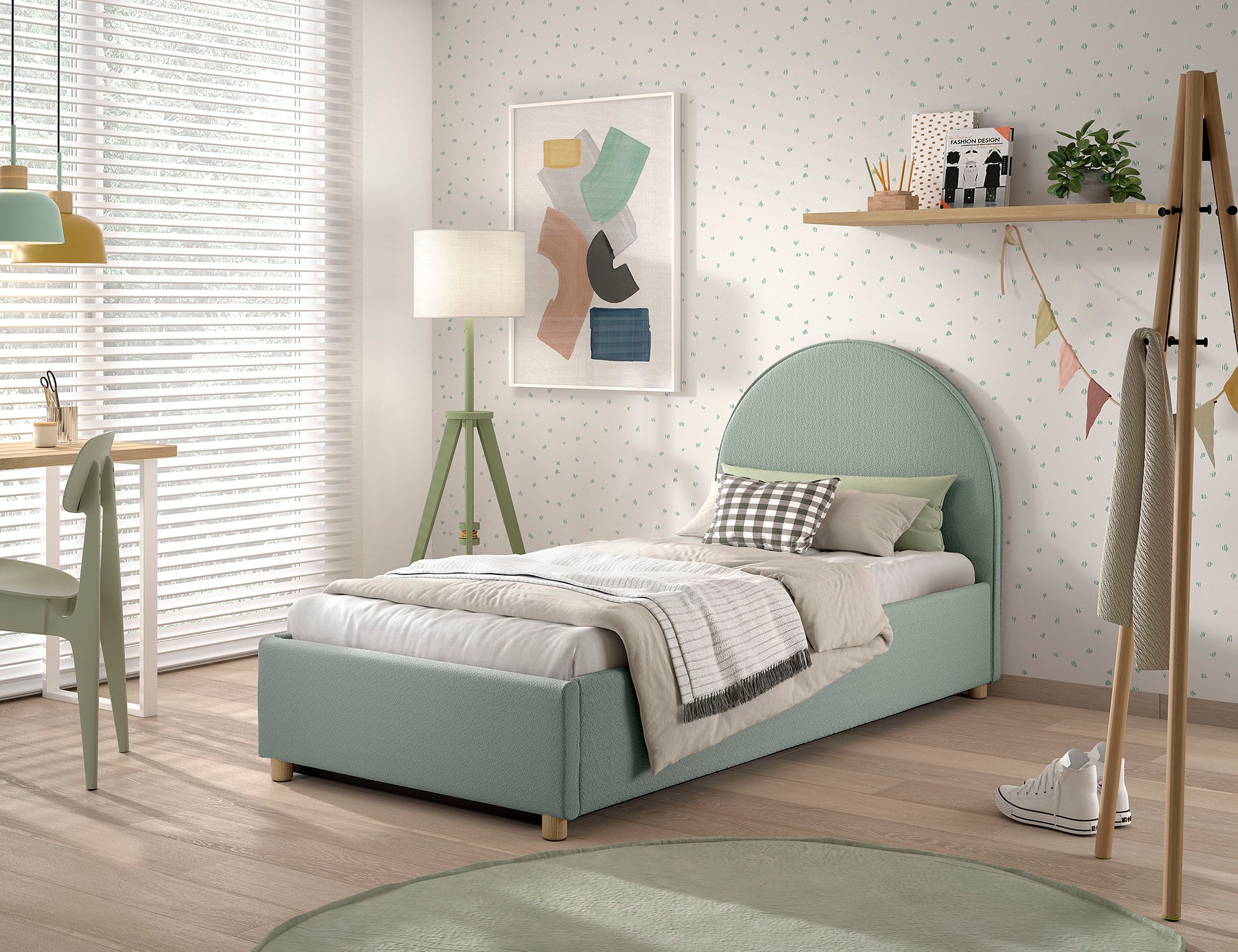 Vipack Lit de boxe »Moon, mit Lattenrost und Stauraum, modernes Design« Tête de lit arrondie, disponible en 2 largeurs,  incl. pieds en bois massif naturel, 3 couleurs de tissu au choix