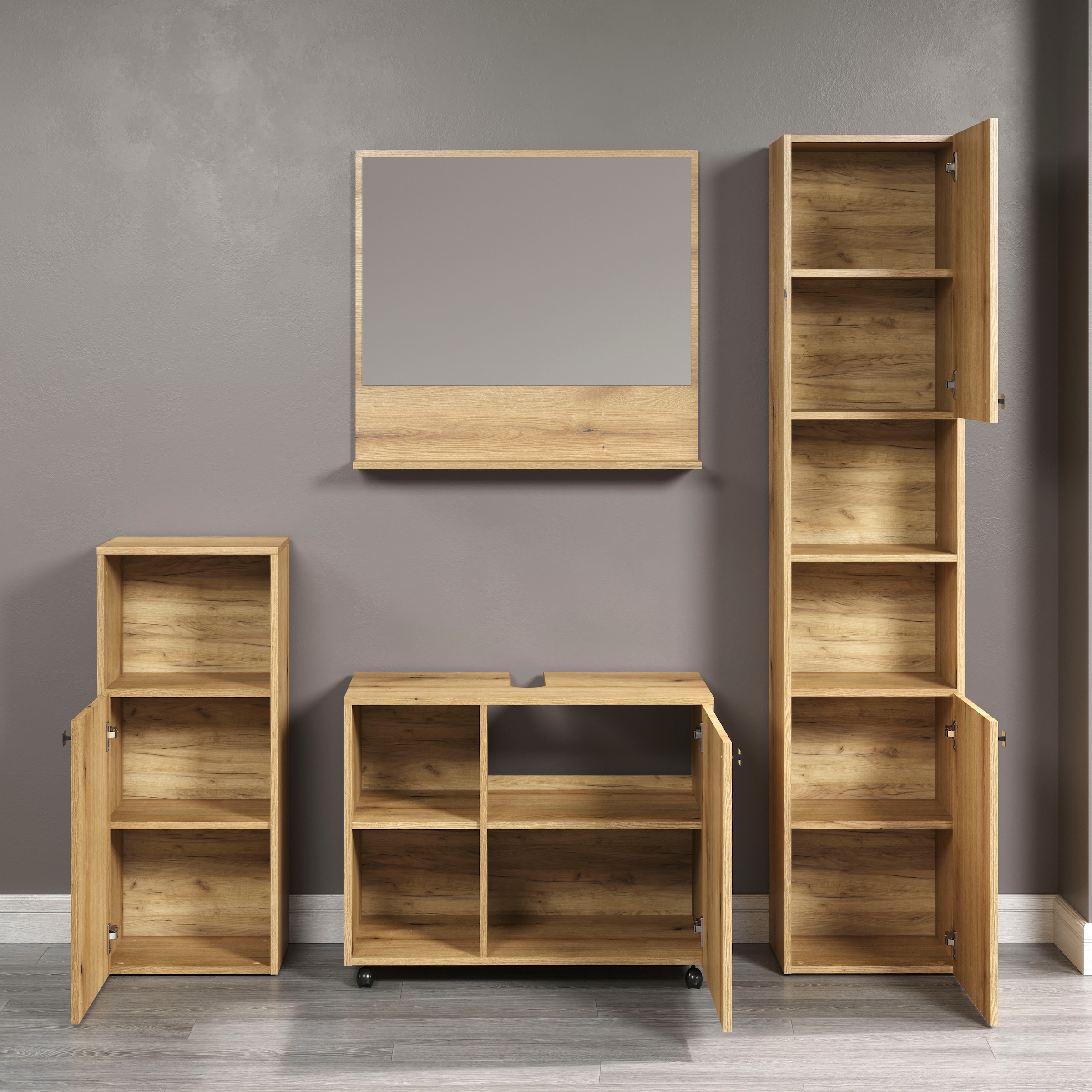 welltime Ensemble de meubles de salle de bain »Amrum Waschbeckenunterschrank Spiegel Hochschrank Badschrank« Ensemble complet, 4 cuis tlg.