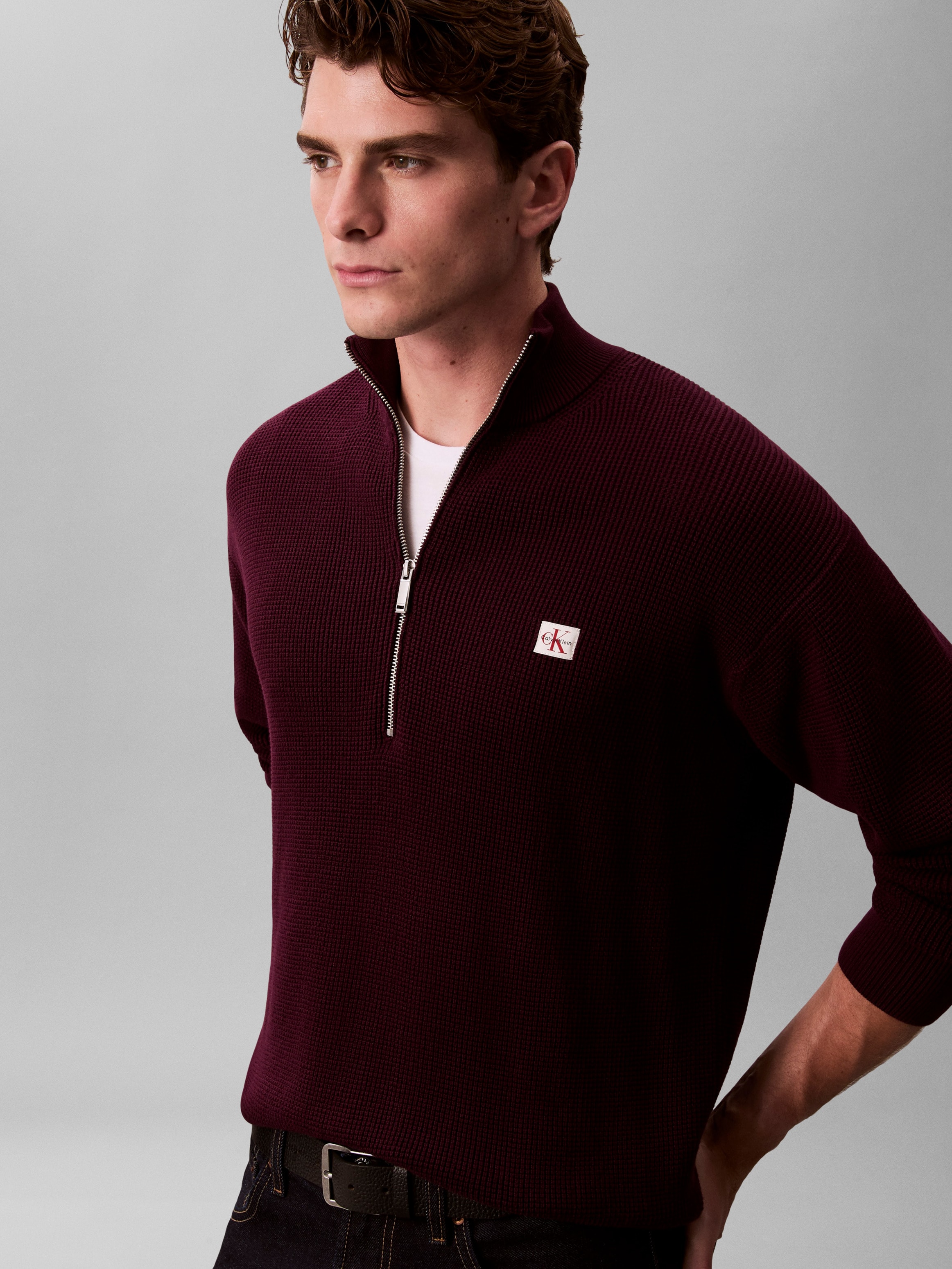 Calvin Klein Jeans Pull en tricot Troyerkragen mit Reissverschluss, Regular Fit