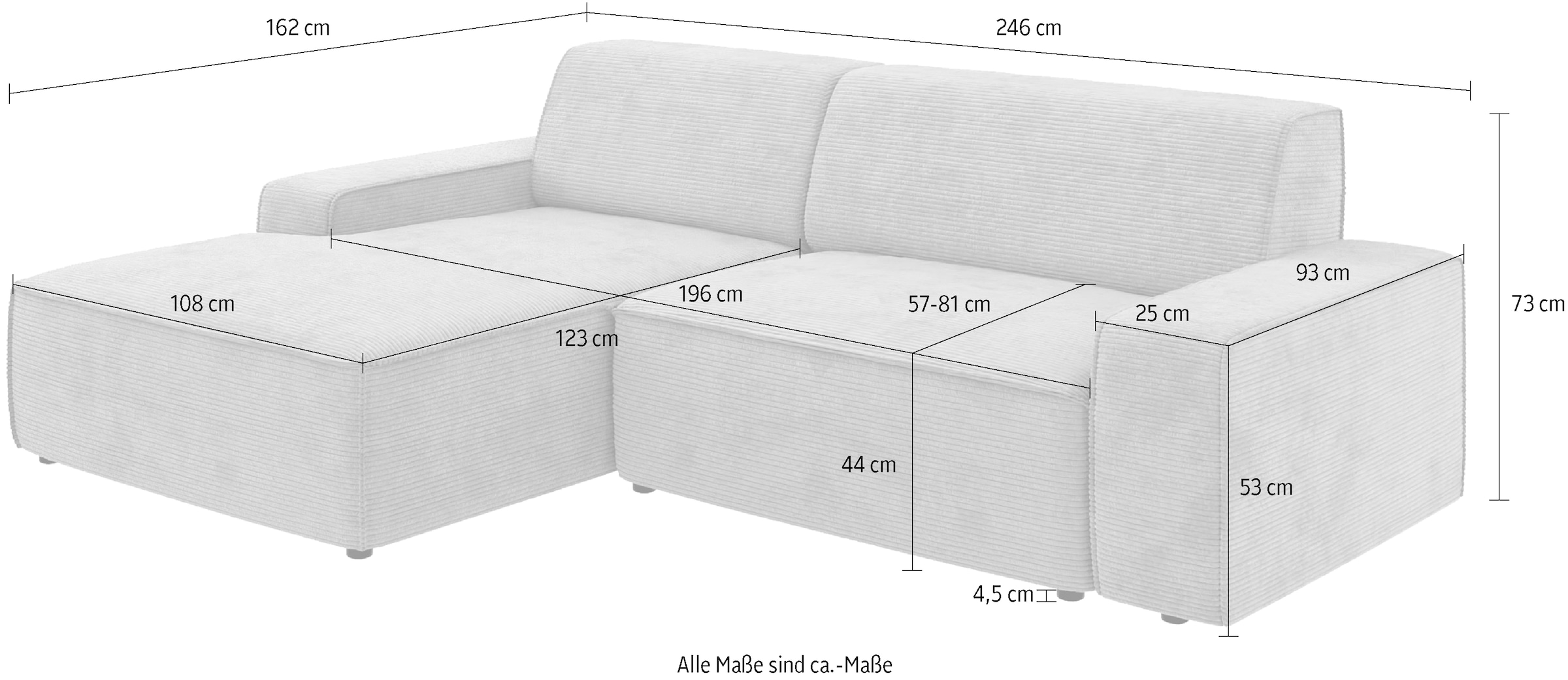TRENDMANUFAKTUR Ecksofa »Graz, wahlweise mit Sitzvorschub und Bettkasten, L-Form, Breite 246 cm« in Cord-, haustierfreundlichem LEO Struktur- oder LUMOS-3D-Bezug
