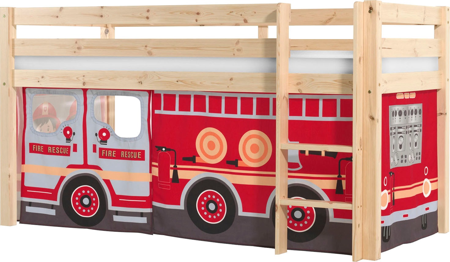 Vipack Lit de jeu »Pino, Kiefer massiv, mit Rolllattenrost u. Textil-Set, Made in Europe« L/H/P env. 210x114x106 cm, avec échelle et protection anti-chute,  différents dessins textiles, 3 couleurs de cadre au choix