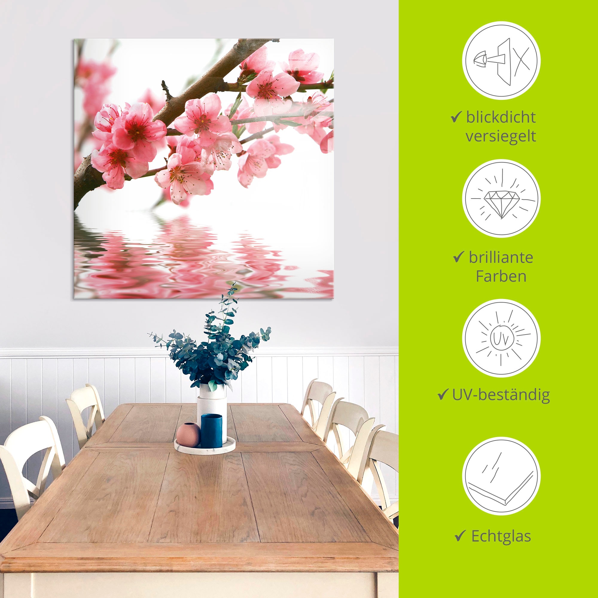 Artland Tableau en verre »Pfirsichblüten reflektieren im Wasser« 1 cuis tlg. in verschiedenen Grössen