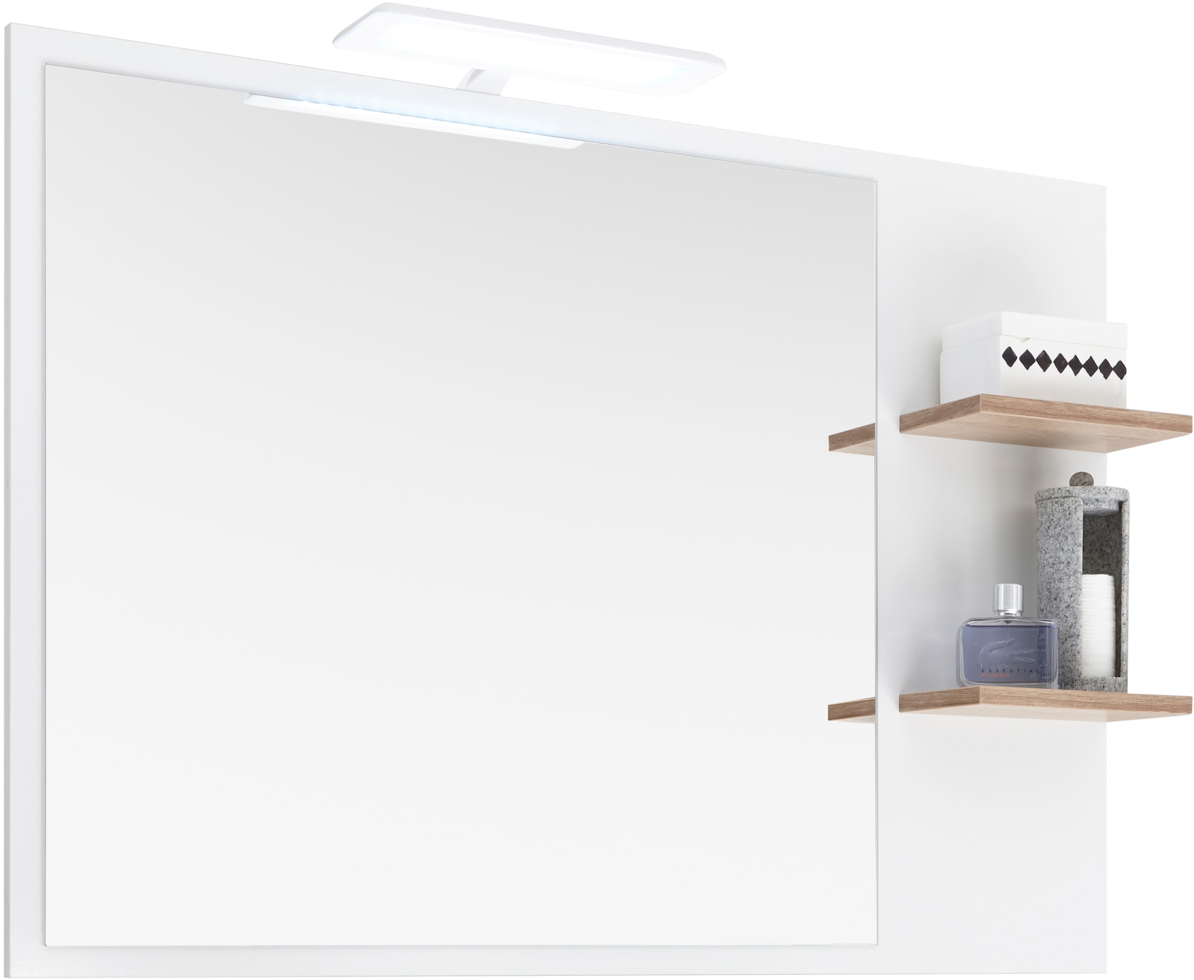 Saphir Badspiegel »Quickset 923 Spiegel 100 cm breit mit seitlicher Ablage« Flächenspiegel Weiss Glanz, Riviera Eiche quer Nachbildung