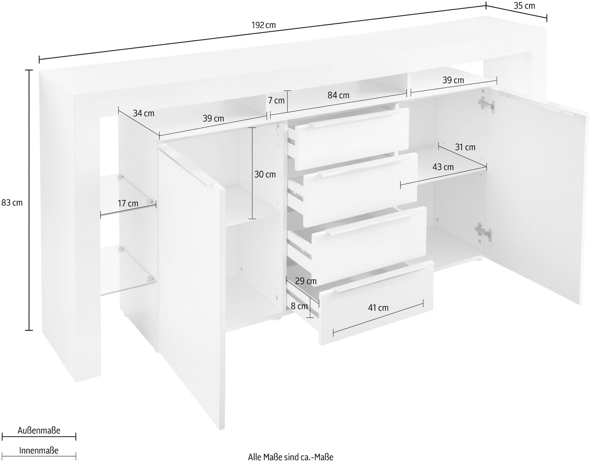 borchardt Möbel Buffet »Lima, Breite 192cm mit Metallgriffen und Glasböden« Beaucoup d'espace de rangement, 2 portes, 4 tiroirs, élégante partie supérieure