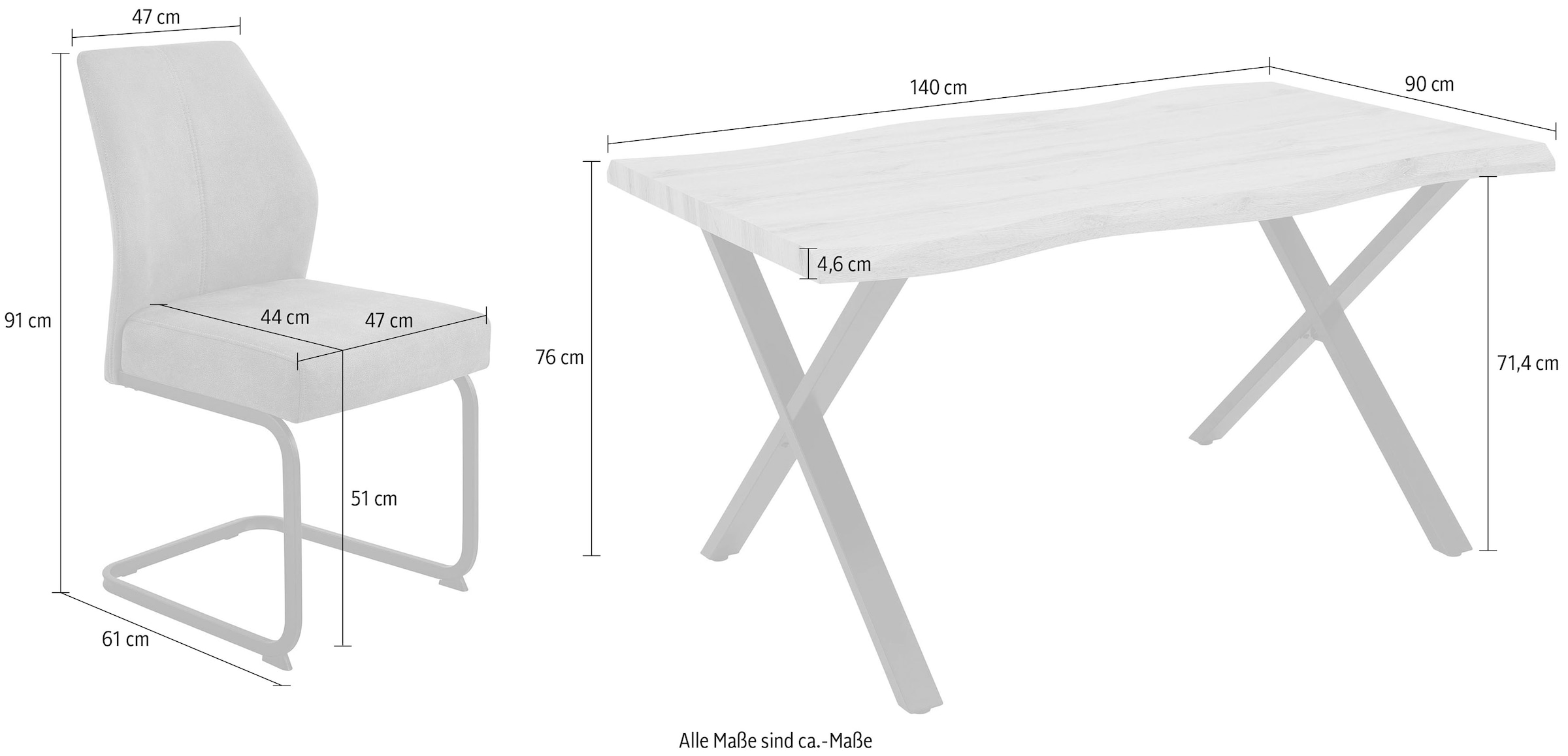 HELA Essgruppe »ILLER« Set, 5 tlg. 5tlg., Baumkante 46mm, X-Gestell, Schwingstuhl, Federkorb
