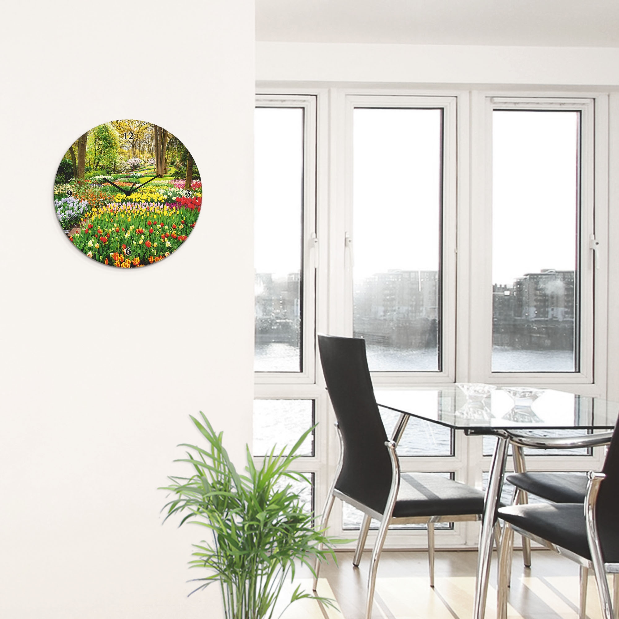 Artland Horloge murale »Glasuhr rund Tulpen Garten Frühling« wahlweise mit Quarz- oder Funkuhrwerk, lautlos ohne Tickgeräusche