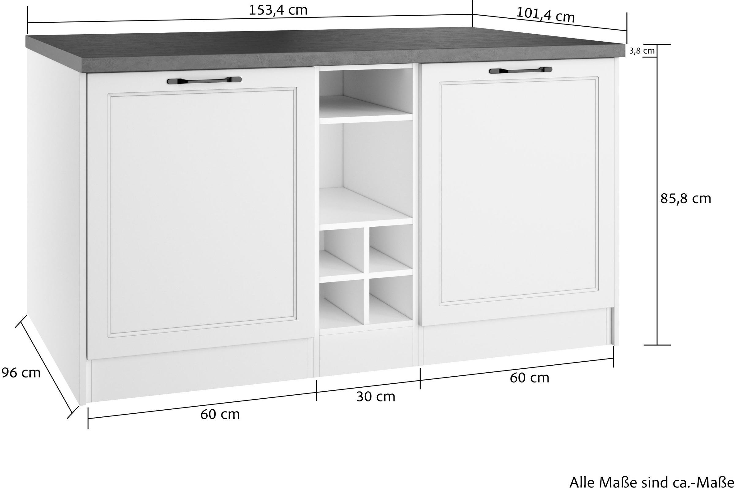 KOCHSTATION Ilot de cuisine »KS-Lani, Breite 153 cm, mit Flaschenregal« façades MDF, plan de travail épaisseur 38mm