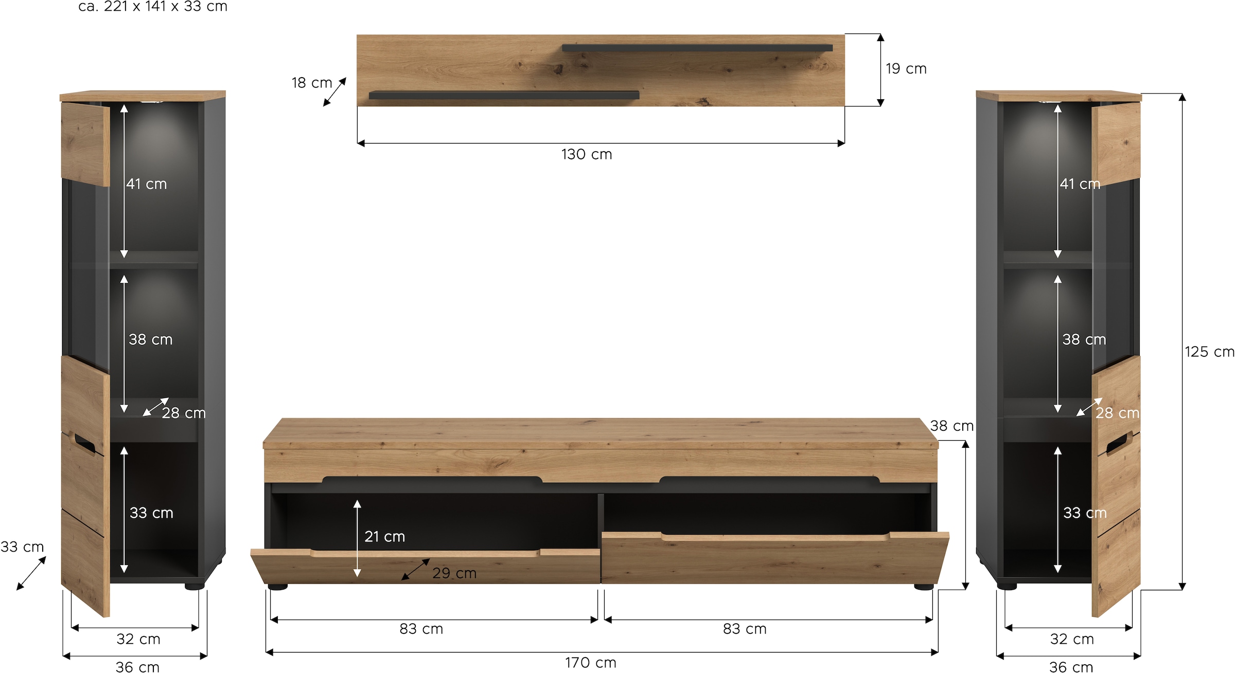Home affaire Wohnwand »REHAT, TOPSELLER!, 4-teilig, inkl. Beleuchtung, stehend oder hängend« Set bestehend aus: 2x Vitrine inkl. Beleuchtung, Lowboard & Wandboard, 4 Stk. tlg.