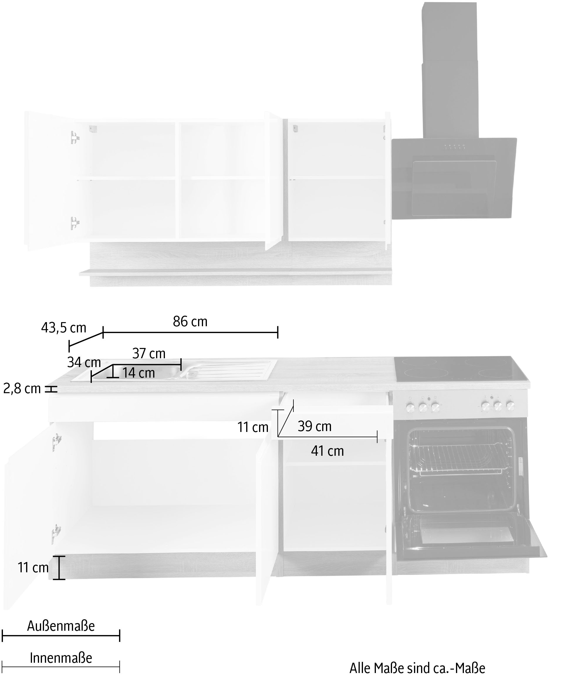 KOCHSTATION Kitchenette »KS-Virginia,neu in verbesserter Ausführung« plan de travail épaisseur 38 mm, rangement, fermeture douce,  21 : largeur 210 cm, fermeture en douceur, option avec appareils électriques