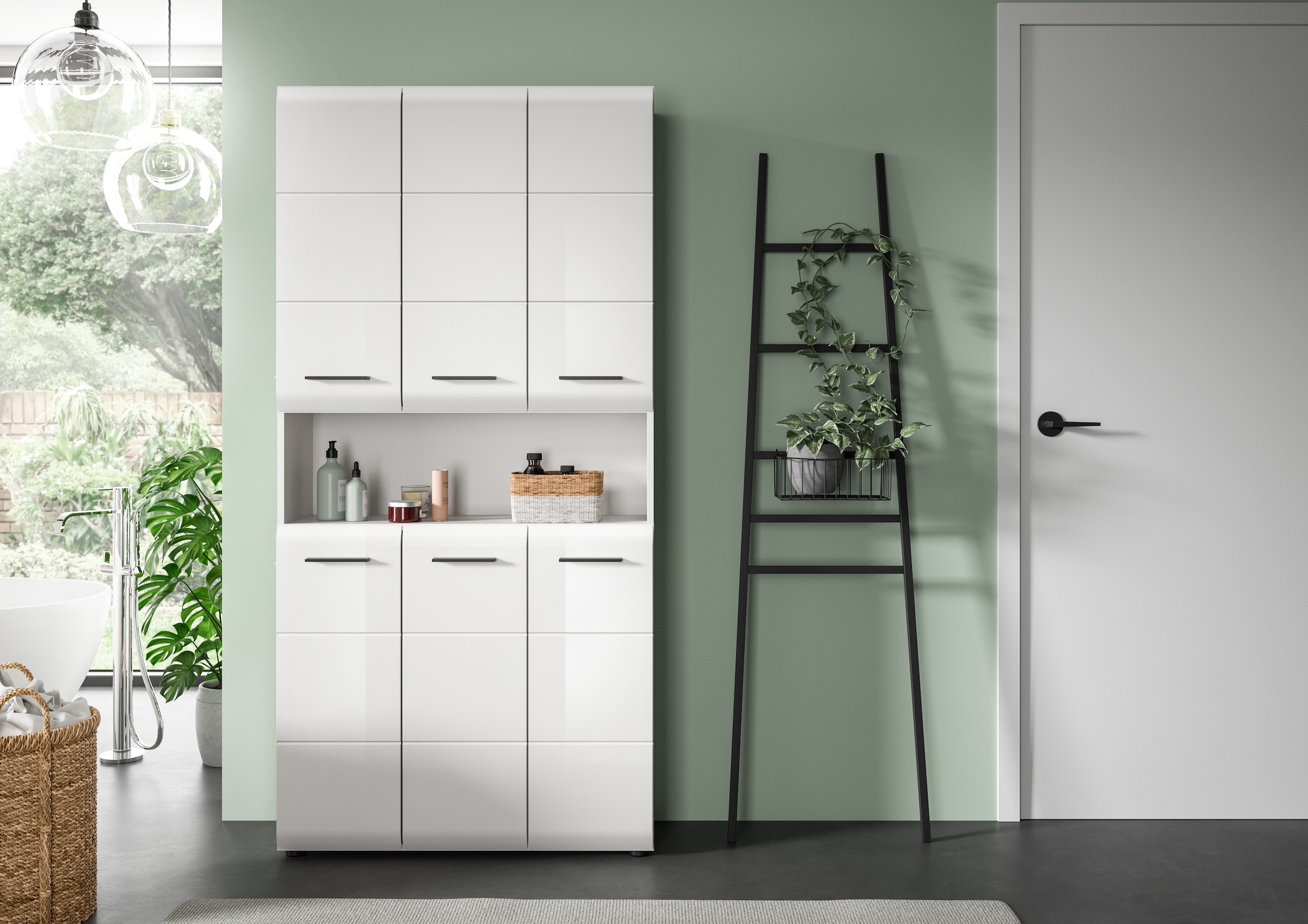 welltime Armoire de rangement 1 cuis tlg. Florenz, Mehrzweckschrank, Weiss Hochglanz Tiefzieh, 13 Fächer