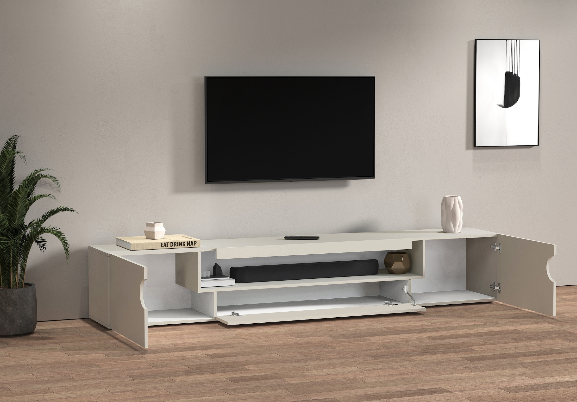 Home affaire Table basse »REAL TV-Möbel, 240 cm breit, 40/60 cm hoch, Hochglanz oder matt« mit 2 abgerundeten Türen, 1 Klappe, die ein ovales offenes Fach bilden