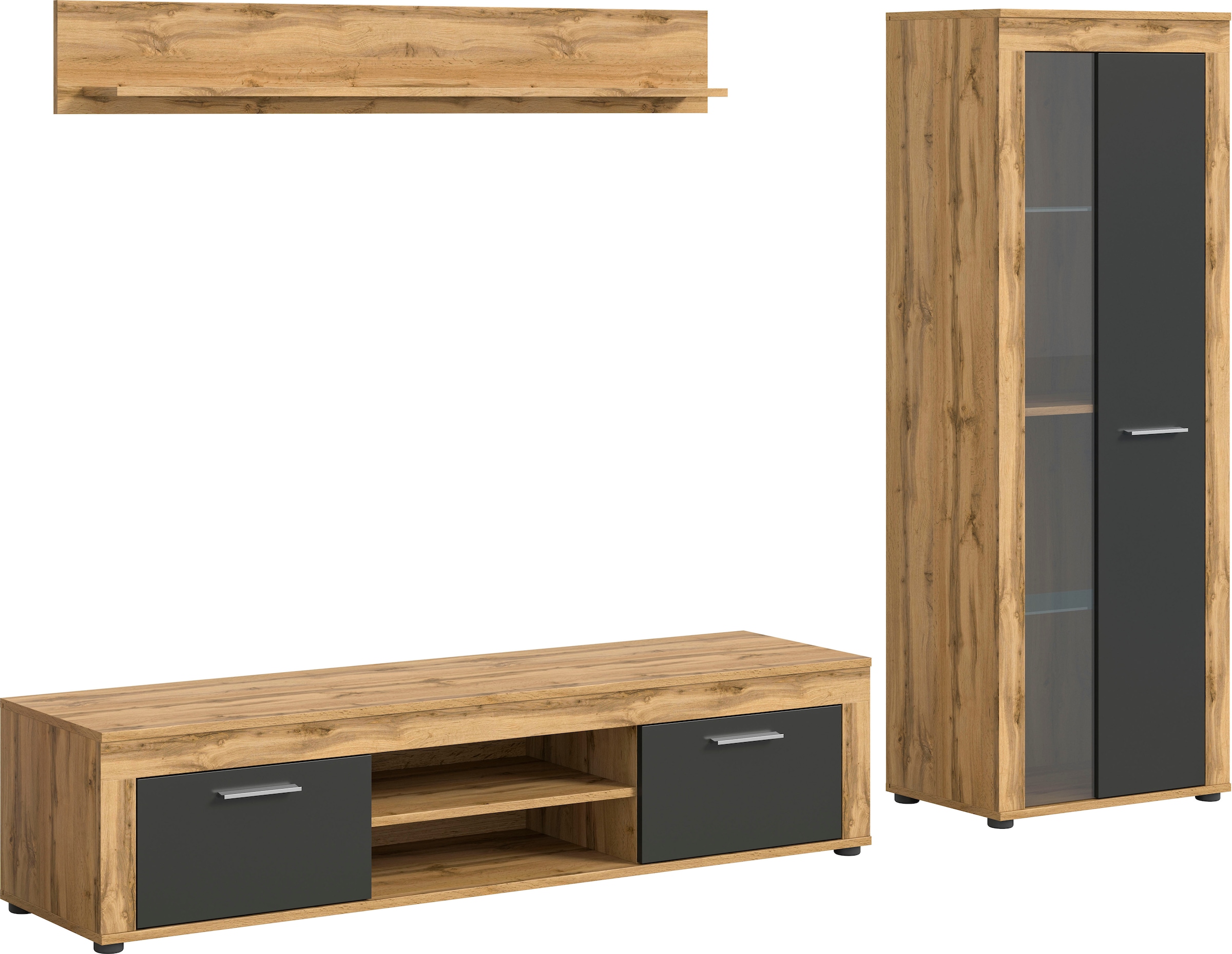 Home affaire Meuble mural »AOSTA, Breite 235cm, 3-teilige Wohn-Kombination« bestehend aus: Lowboard, Wandboard, Vitrine, 3 cuis tlg.