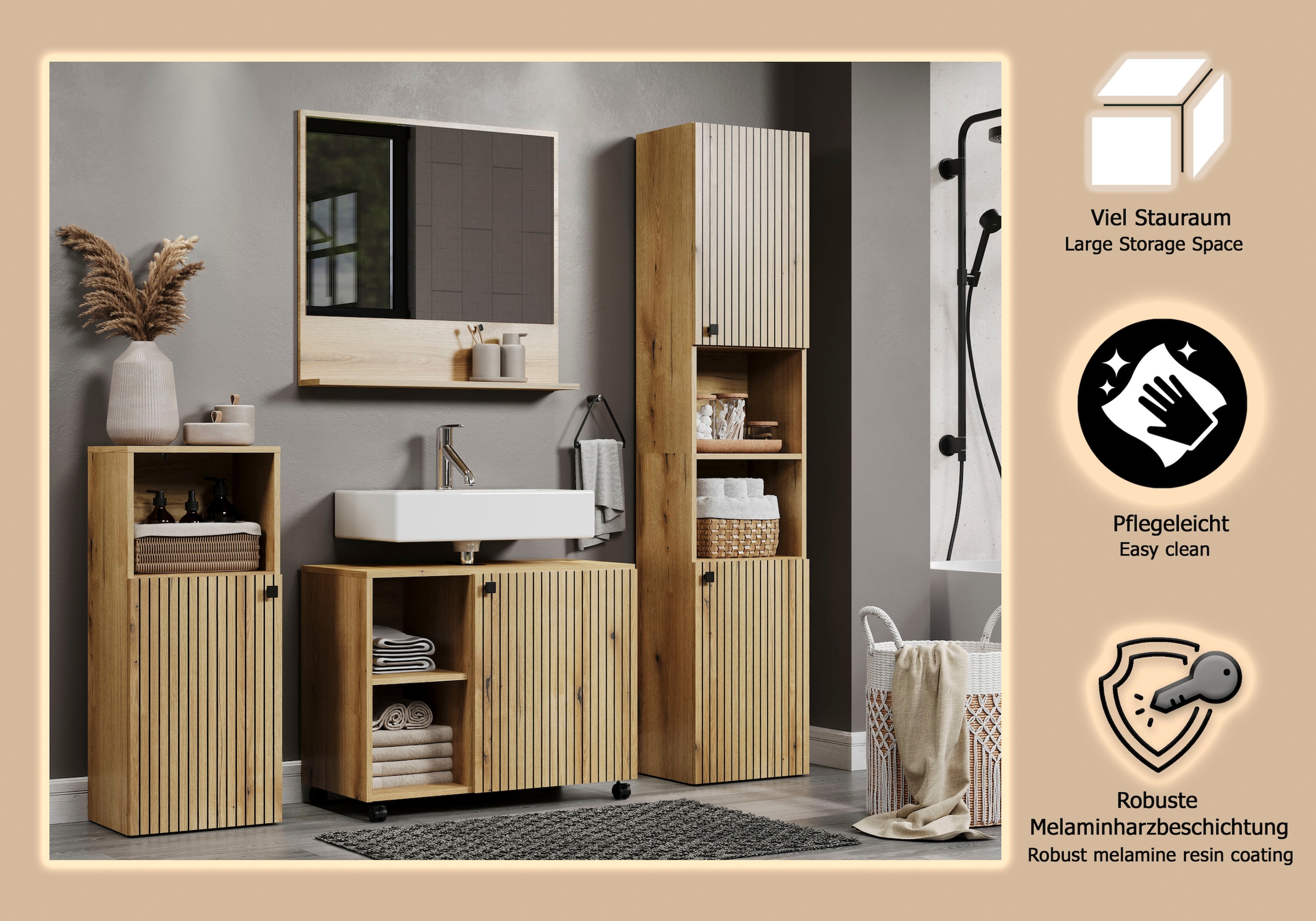welltime Ensemble de meubles de salle de bain »Amrum Waschbeckenunterschrank Spiegel Hochschrank Badschrank« Ensemble complet, 4 cuis tlg.