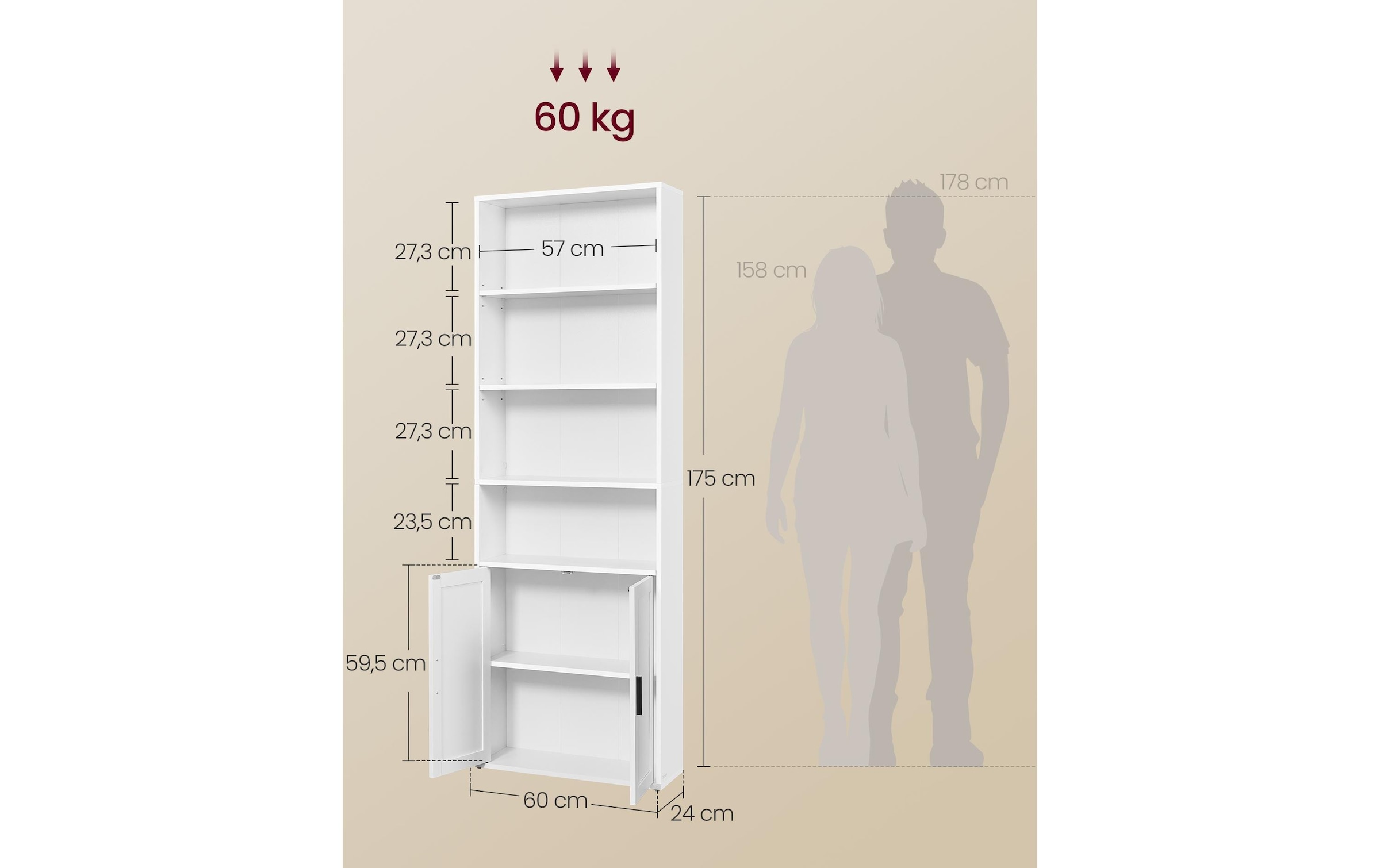 VASAGLE Regal »60 x 24 x 175 cm« Sechsstöckiges Standregal mit Türen und offenen Fächern aus Holz