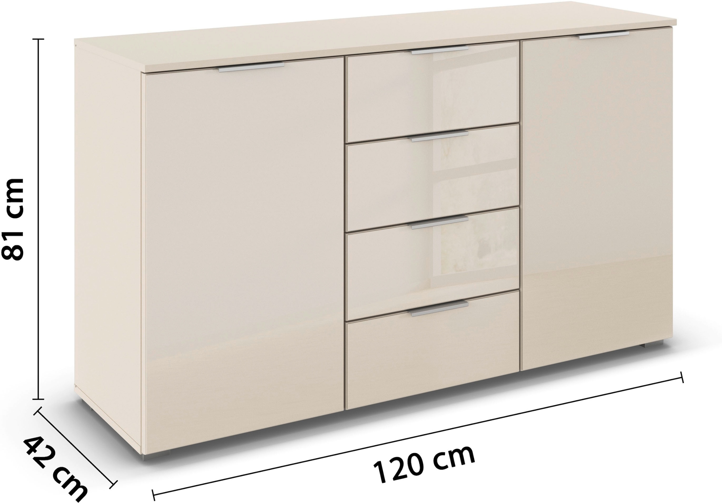 GOODproduct Kombikommode »Sideboard Kombikommode Schubladenkommode AGORDO mit Glasfront« in zwei Griff-Farben, Breite 120 cm,  vier grosse Schubladen, mit insgesamt 4 Einlegeböden MADE IN GERMANY