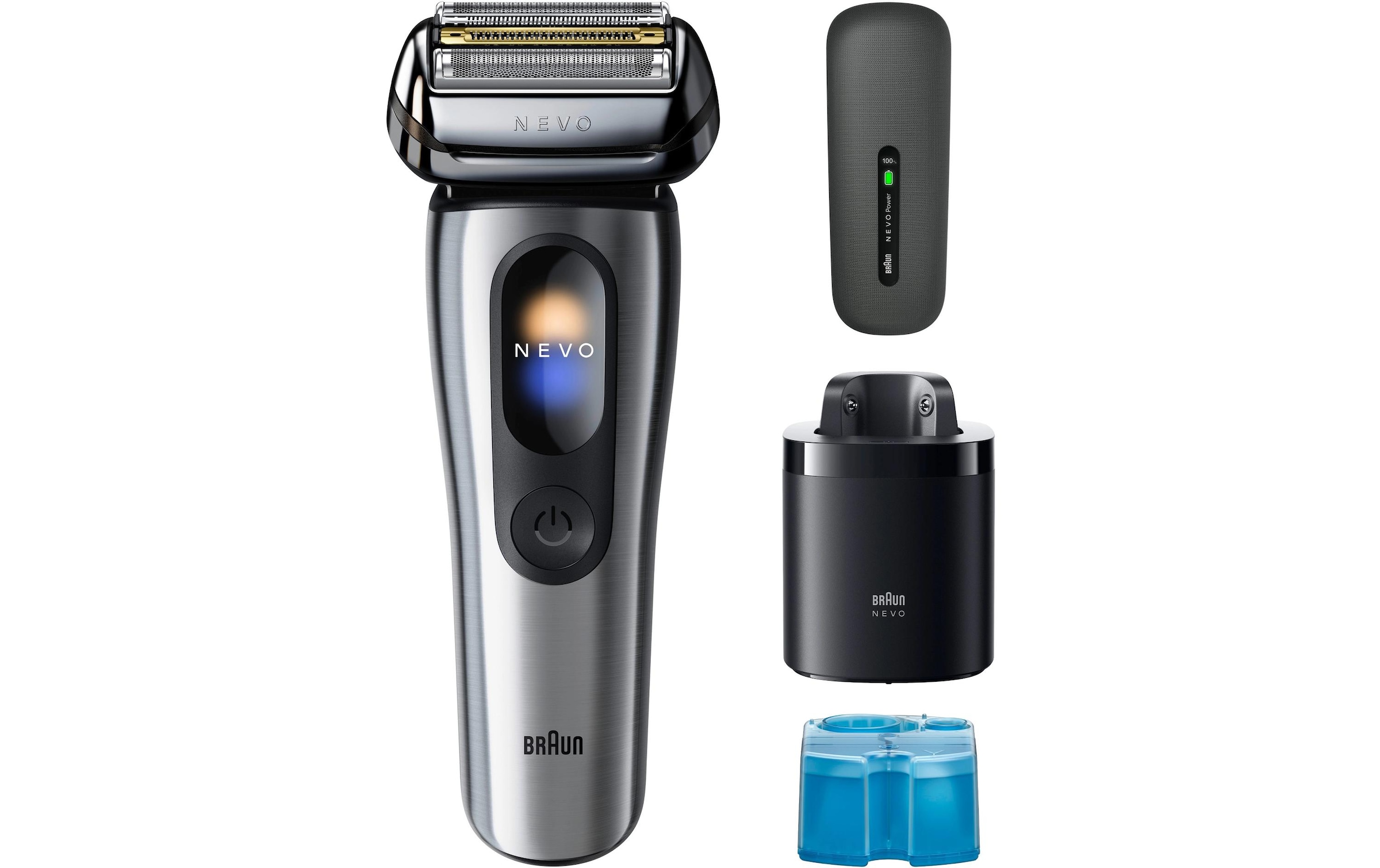 Braun Rasoirs électriques »NEVO 17000cc« station de nettoyage SmartClean Plus Tondeuse de précision intégrée AeroTouch, Écran Intelligent, Système de Soin 7-en-1, Étui de Voyage de Charge, Argent