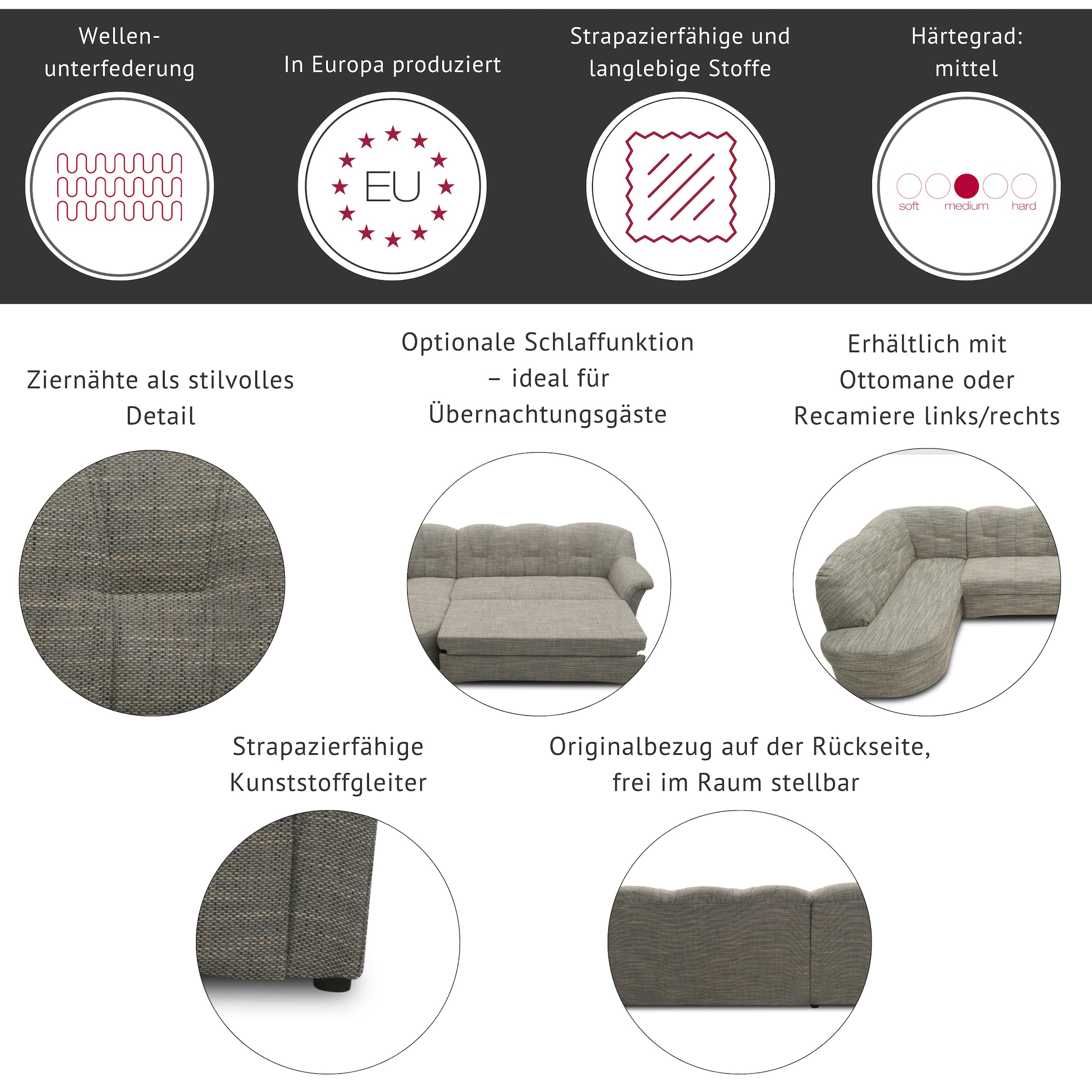 DOMO collection Ecksofa »Papenburg B/T/H: 242/190/84 cm L-Form« wahlweise mit Bettfunktion, Langer Schenkel links oder rechts