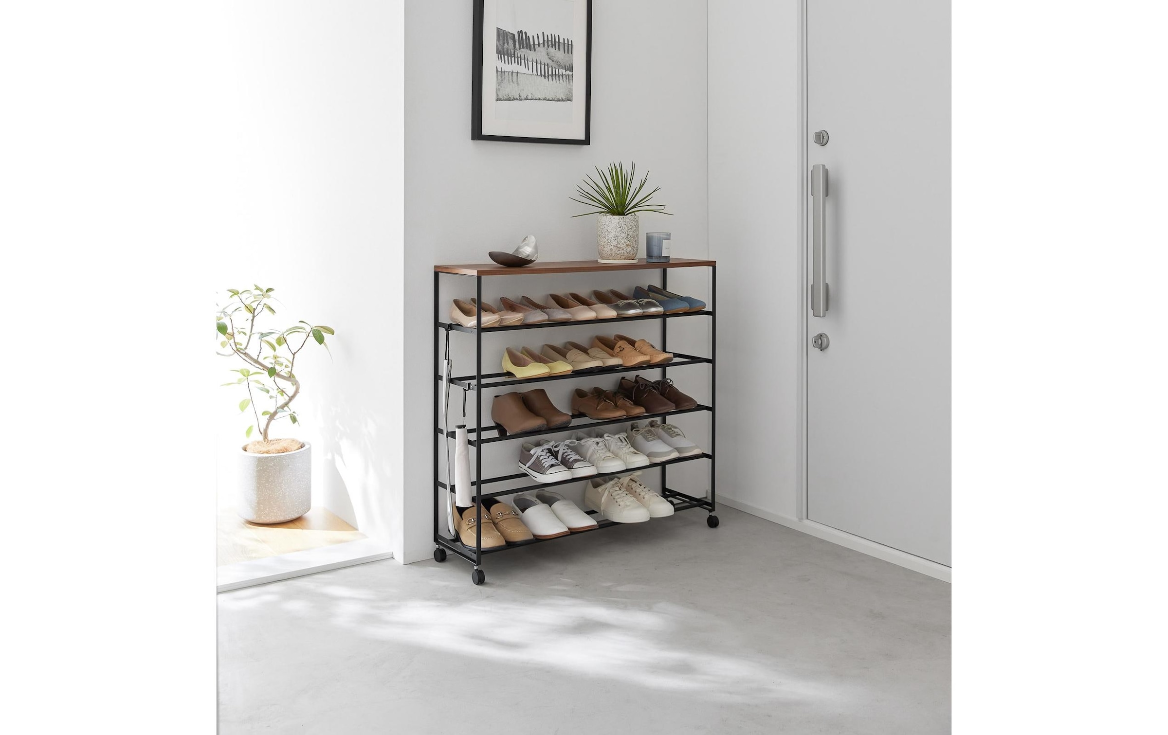 Yamazaki Armoire à chaussures »Tower 90.5 x 87 cm« 5-stöckiges Schuhregal mit Holzablage und Rollen