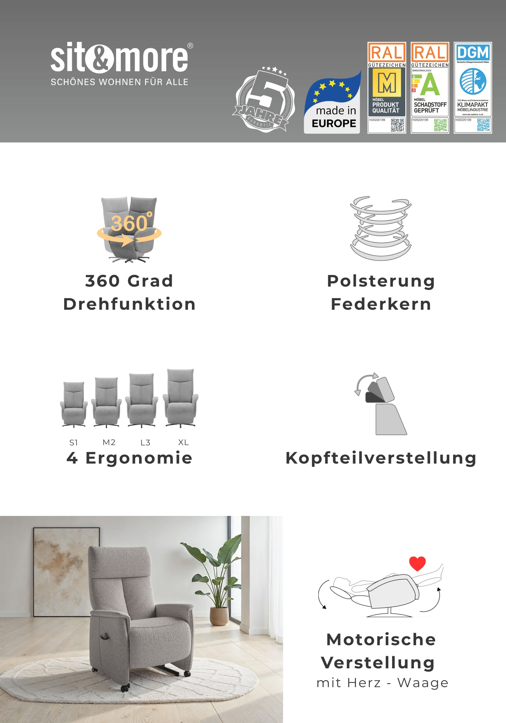 sit&more TV-Sessel »Cremona Comfort Plus« bis 200 Kg belastbar, mit Herz-Waage Funktion
