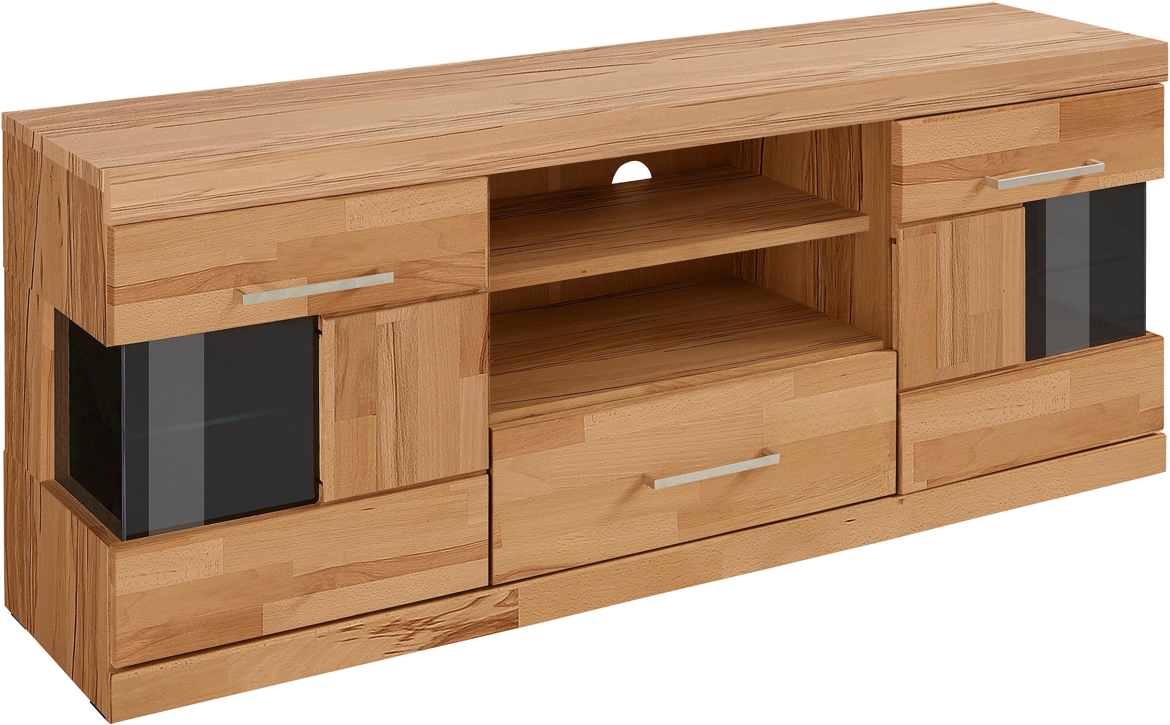 GOODproduct Lowboard »Ribe,140cm breit, Fronten Massivholz,6 Fächer,Kabeldurchführung« Korpus Holzwerkstoff,Glaseinsatz aus gehärtetem Glas,Böden versetzbar