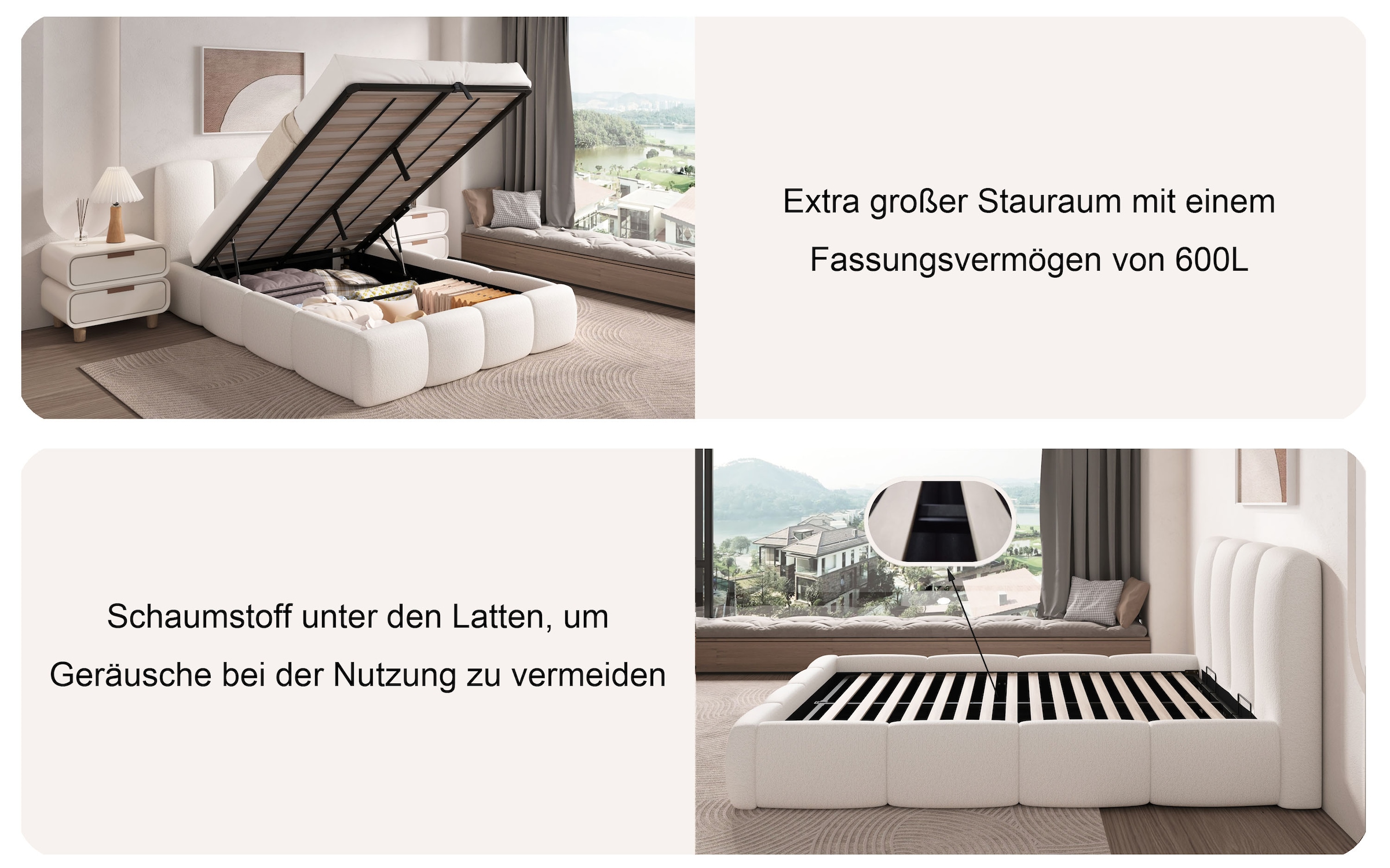 GOODproduct Lit rembourré »MERLINDA, Stauraumbett mit Lattenrost und Bettkasten, Chenille-Bezug« tête de lit et cadre fortement rembourrés, surface de couchage 140x200 / 180x200 cm
