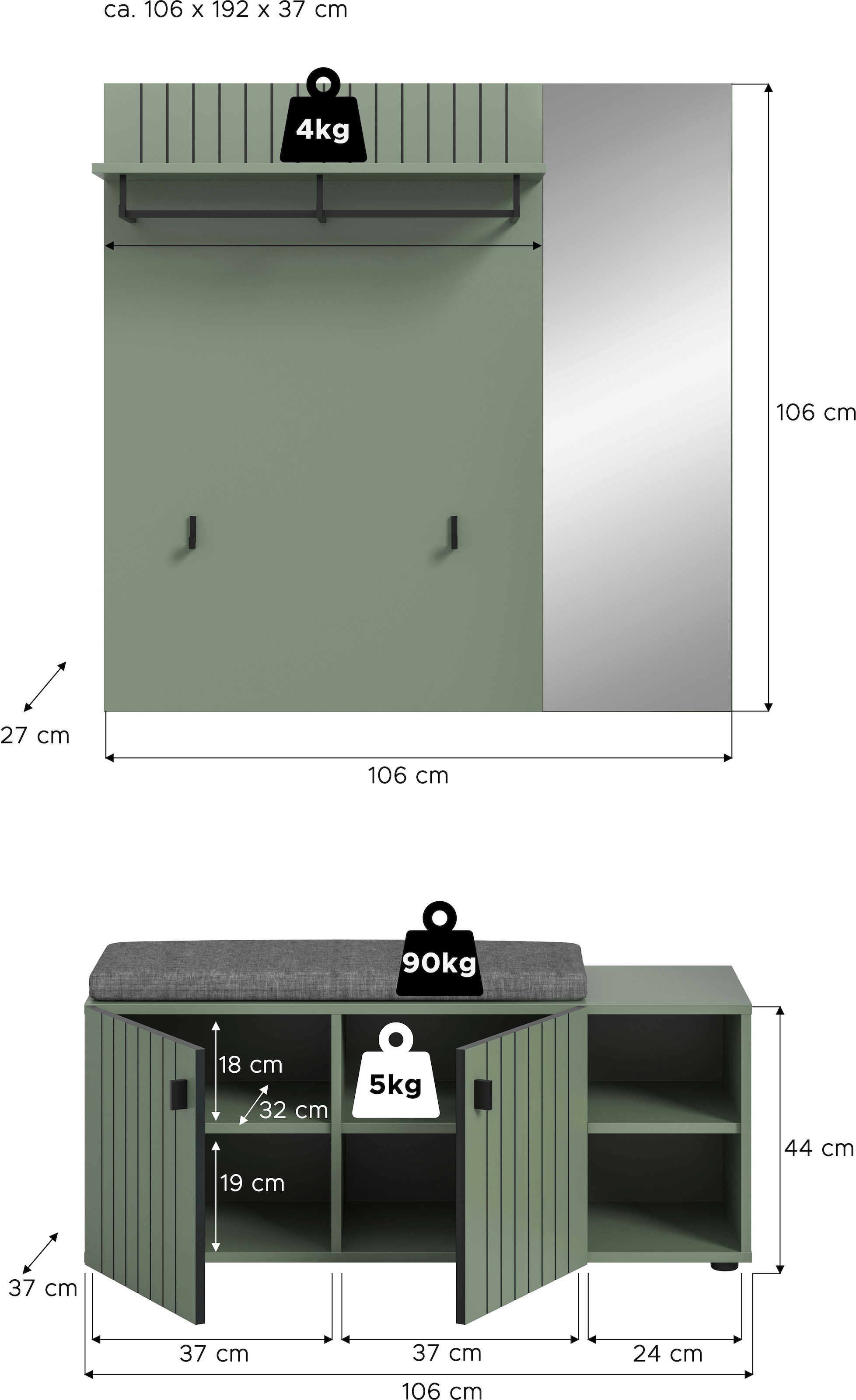 Home affaire Ensemble de vestiaires »TATIO, 3-tlg. Garderobenkombination, Breite: 106 cm, Rillenfräsung« Set, Set, best. aus: 1Paneel, 1 Garderobensitzbank inkl. Kissen, 3 cuis tlg.