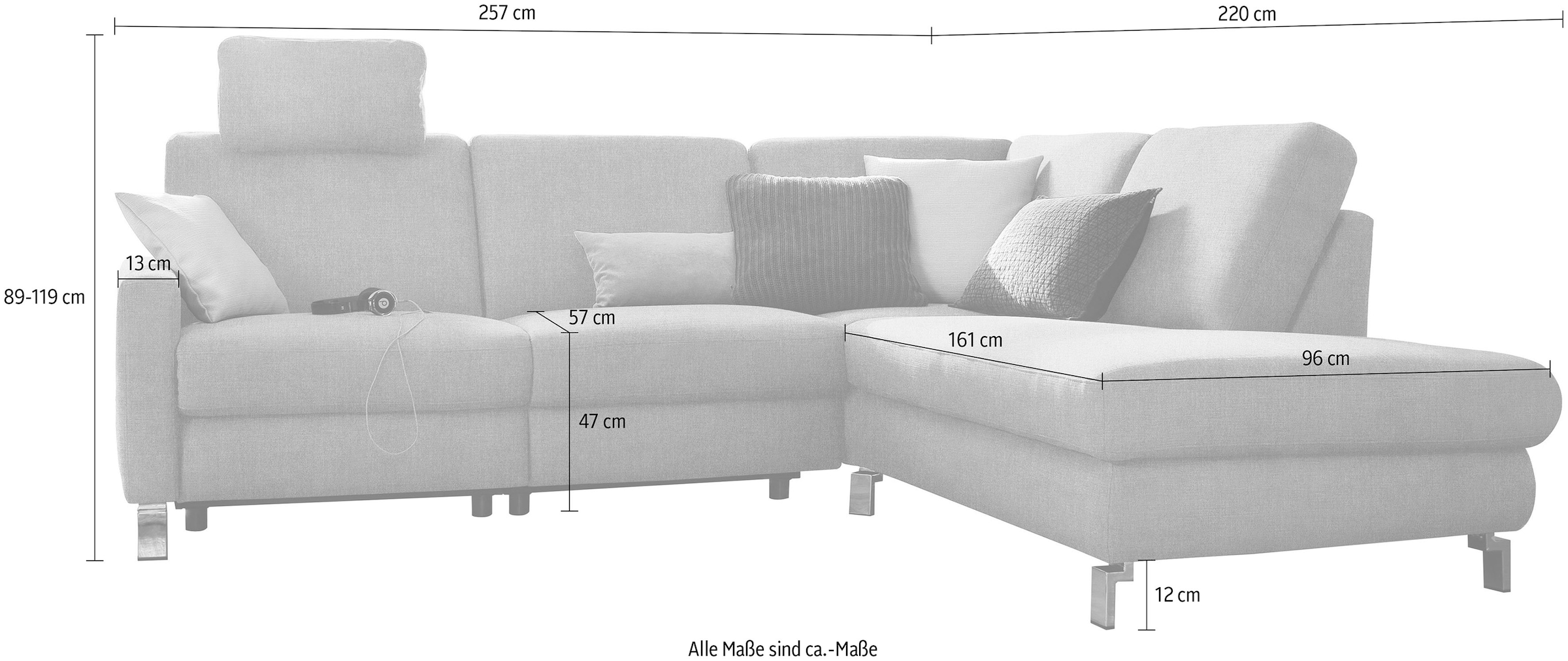 3C Candy Canapé d'angle »Mainau modern und elegant, mit gutem Sitzkomfort, Breite 257cm, L-Form« au choix avec fonction relaxation électrique, ressorts ensachés