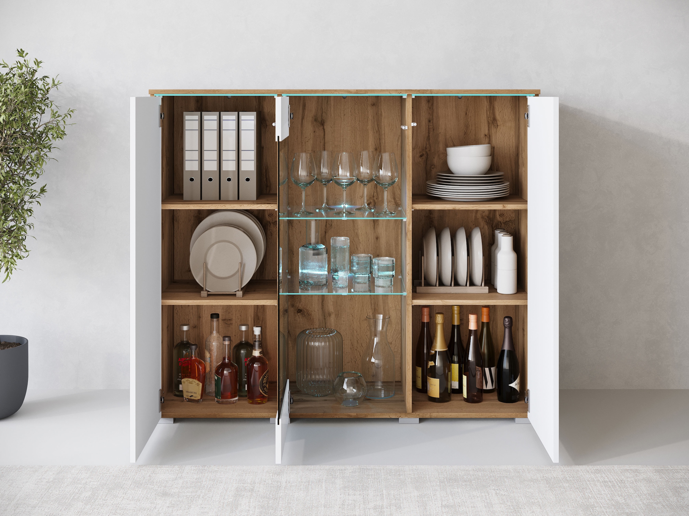 Home affaire Buffet haut »Vera« buffet haut avec 4 portes, 9 compartiments, portes vitrées