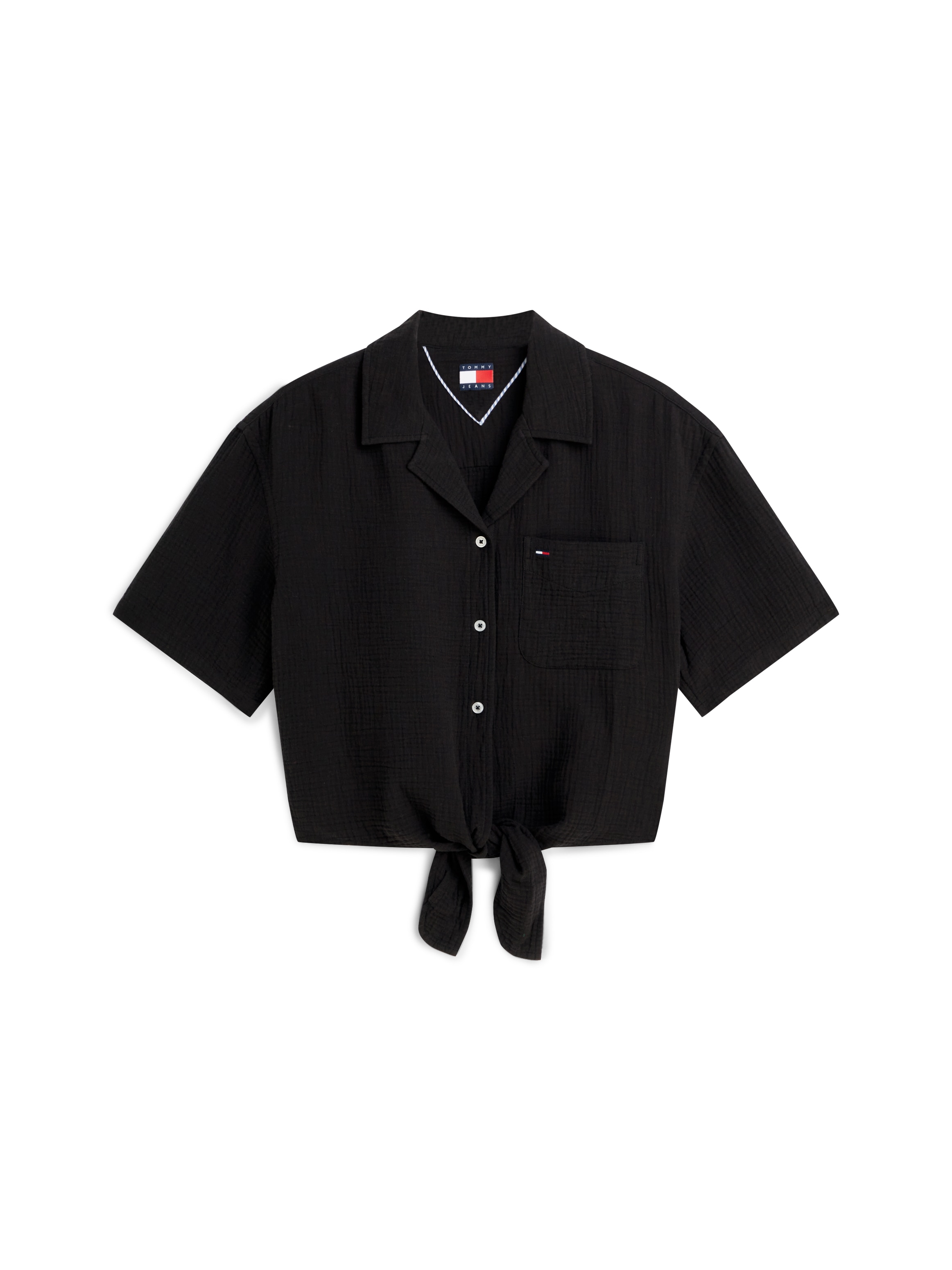 Tommy Jeans Blouse à manches courtes »TJW TEXTURED TIE FRONT SS SHIRT« coton, poche poitrine, ourlet à nouer