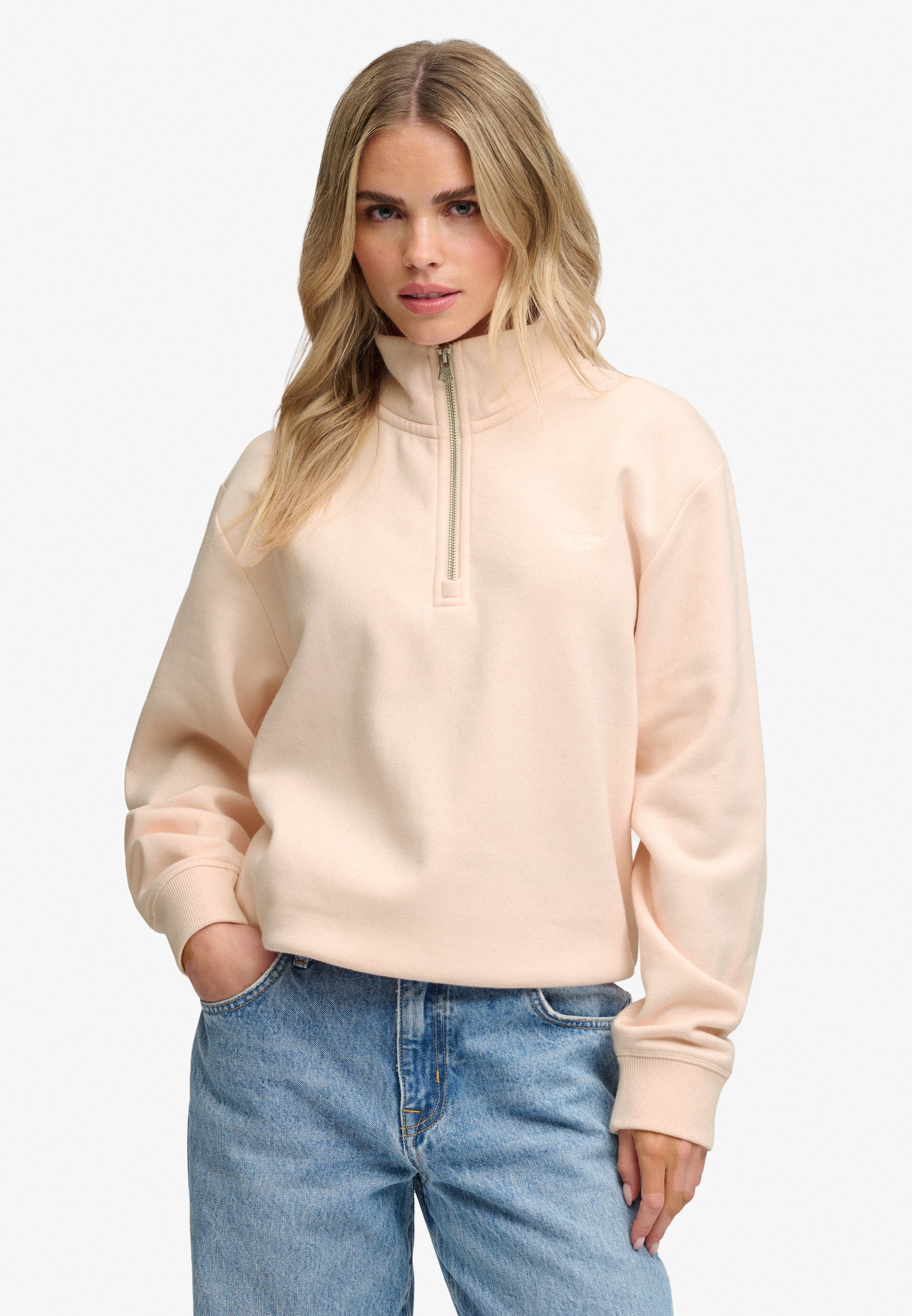 Superdry Sweat-shirt »SIGNATURE EMB HALF ZIP«, avec col montant, en coton et polyester, coupe ample, uni
