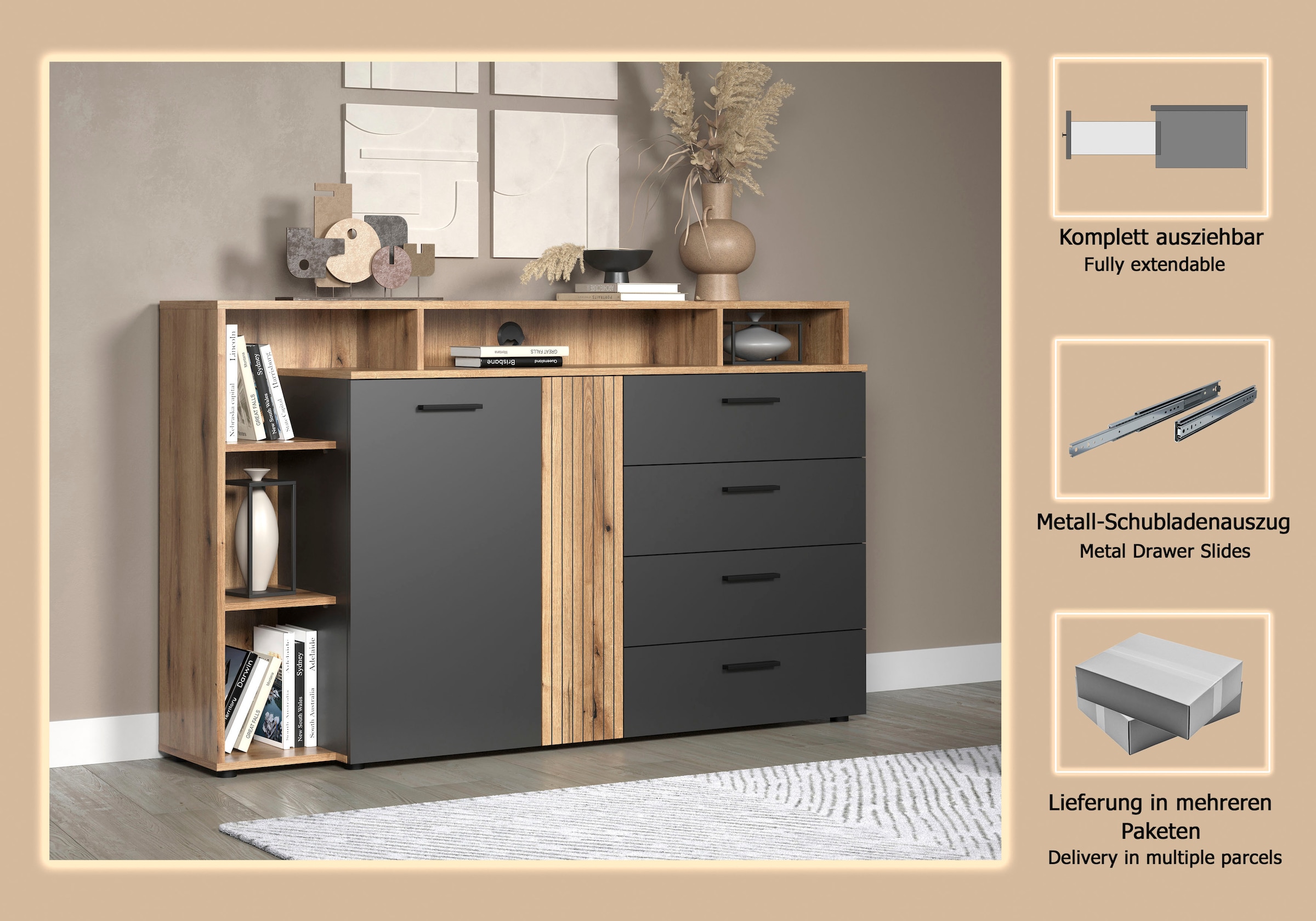 INOSIGN Table basse »Estepona« 1 cuis tlg. TV Kommode mit 2 Türen & 4 Schubladen Vollauszug (B/T/H) 168/38/101 cm